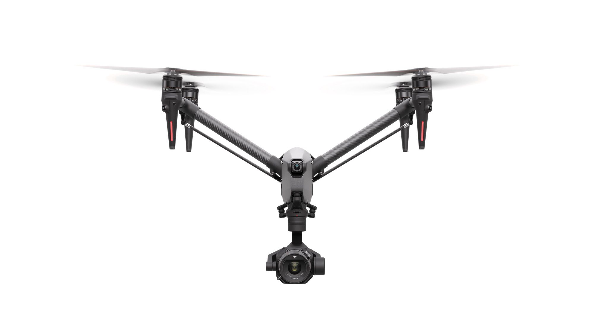 Front view of the Inspire 3 in flight with landing gear raised.