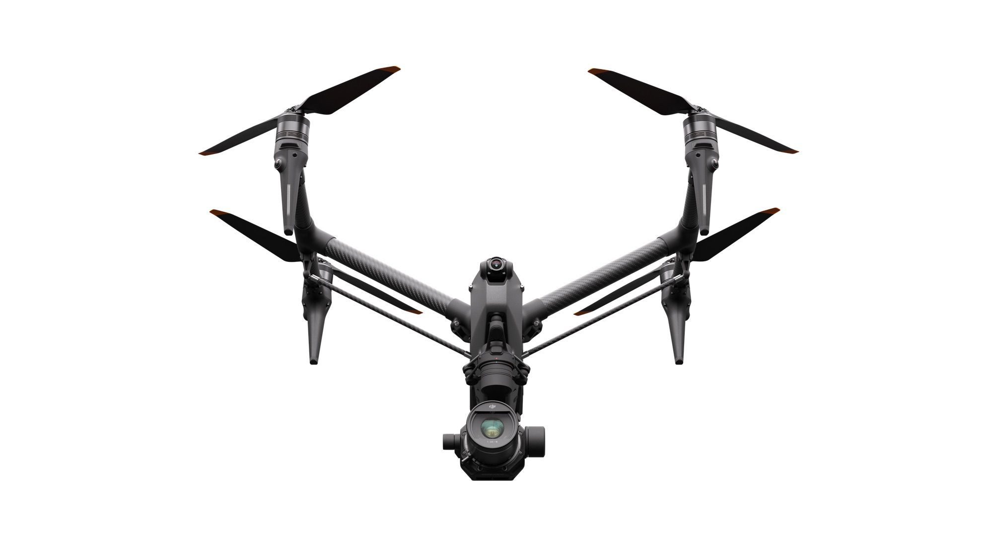 DJI Inspire 3 viewed from underneath, looking up at the airframe.