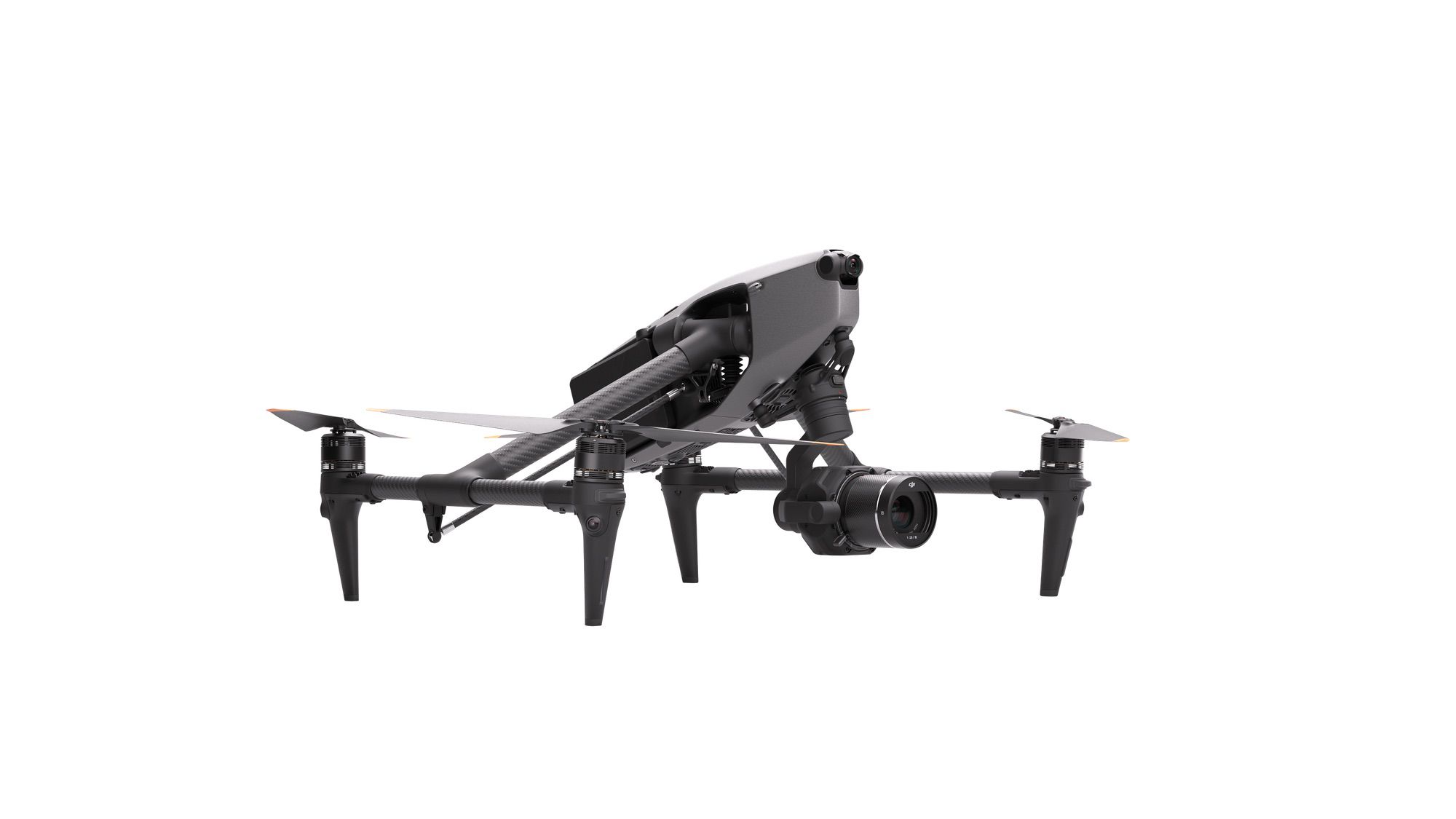 Inspire 3 at a 45-degree right angle, landing gear down.