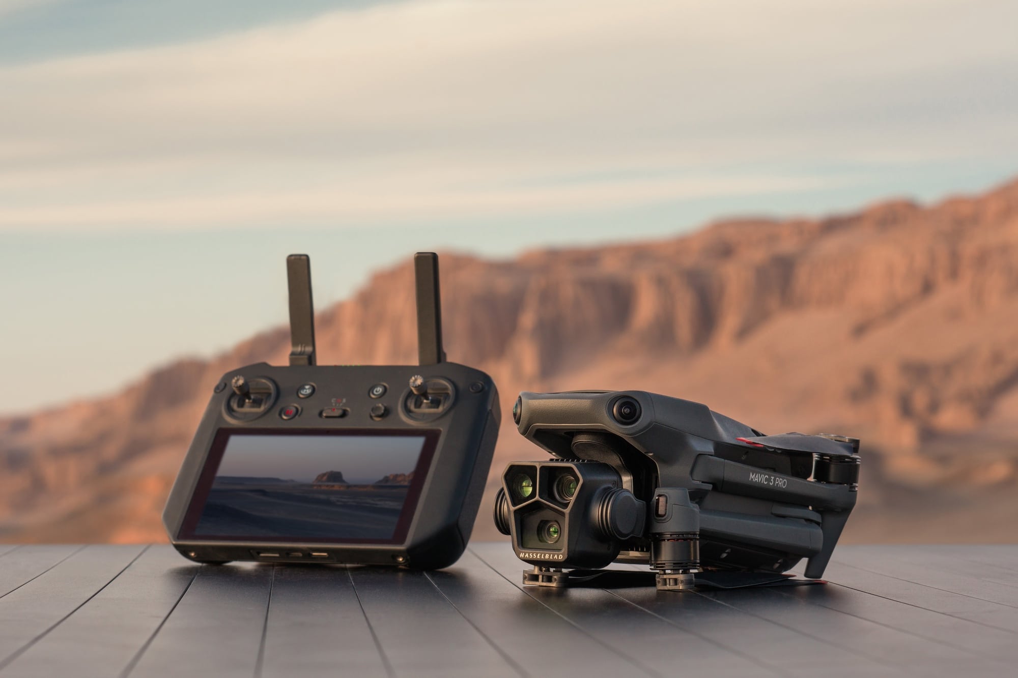 The Mavic 3 Pro alongside the DJI RC Pro controller used to switch cameras.