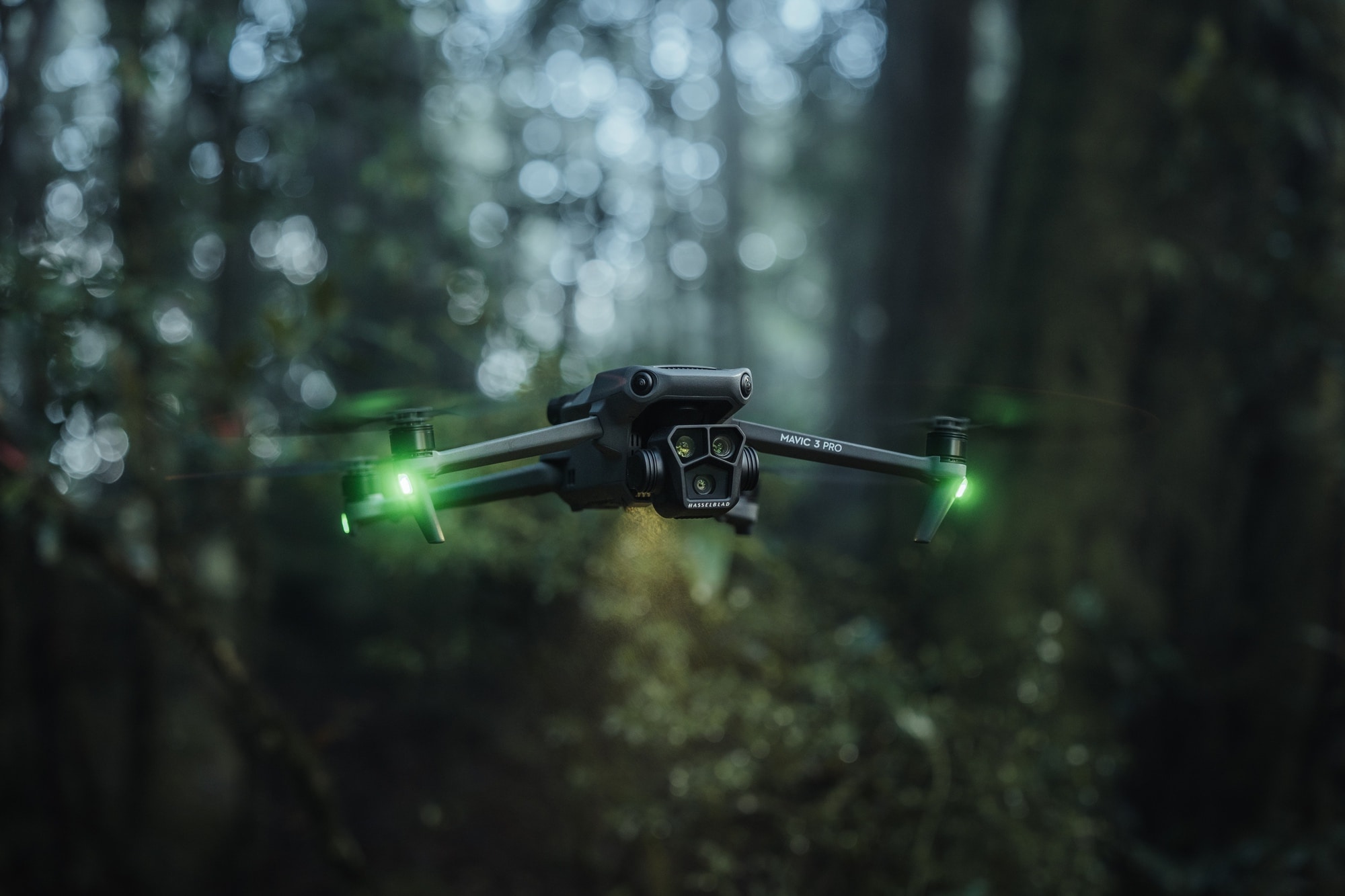 The Mavic 3 Pro in flight during DJI's lifestyle shoot for the tele camera.