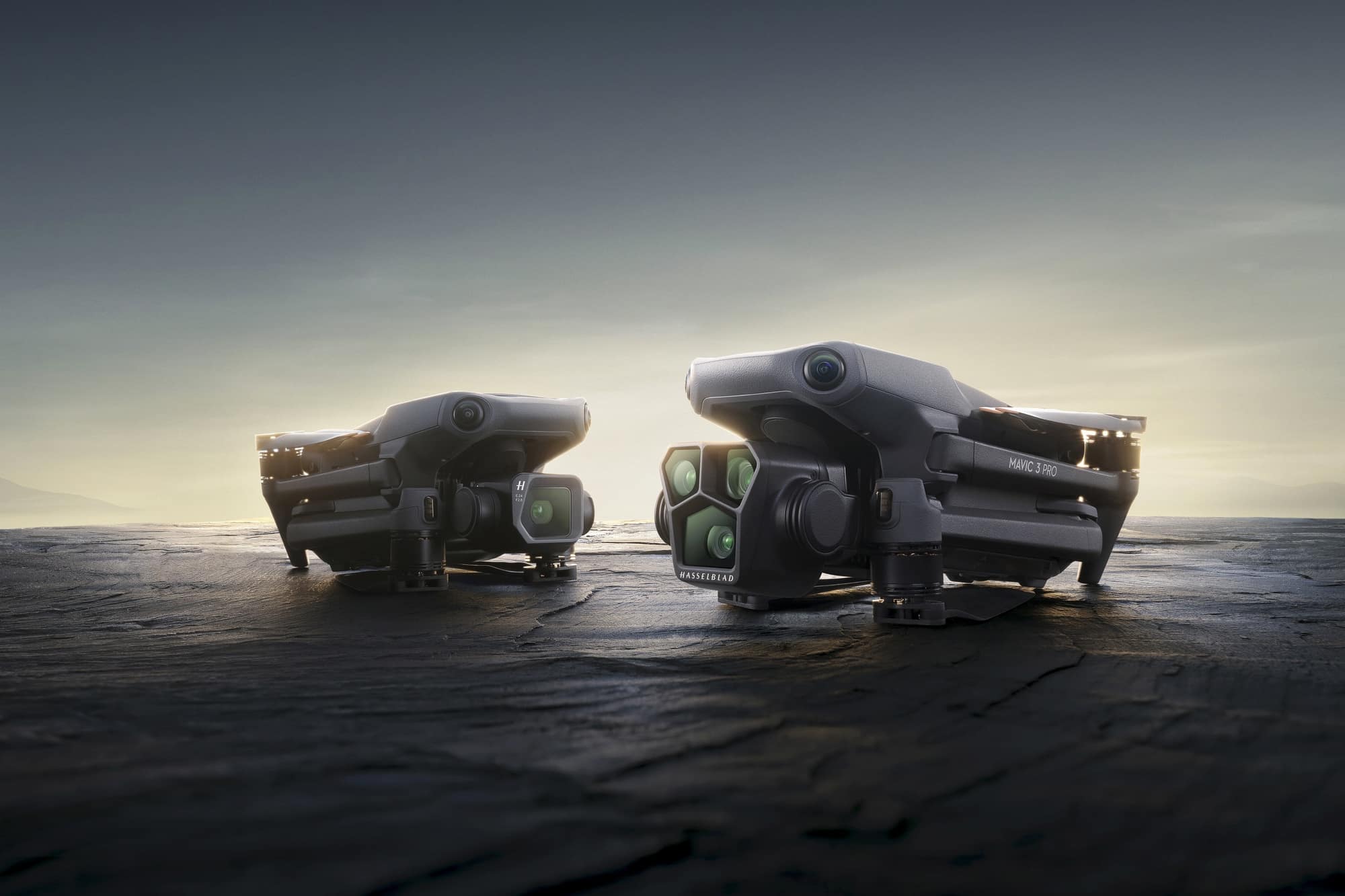 A pair of Mavic 3 Pro drones displayed together in DJI's launch photography.