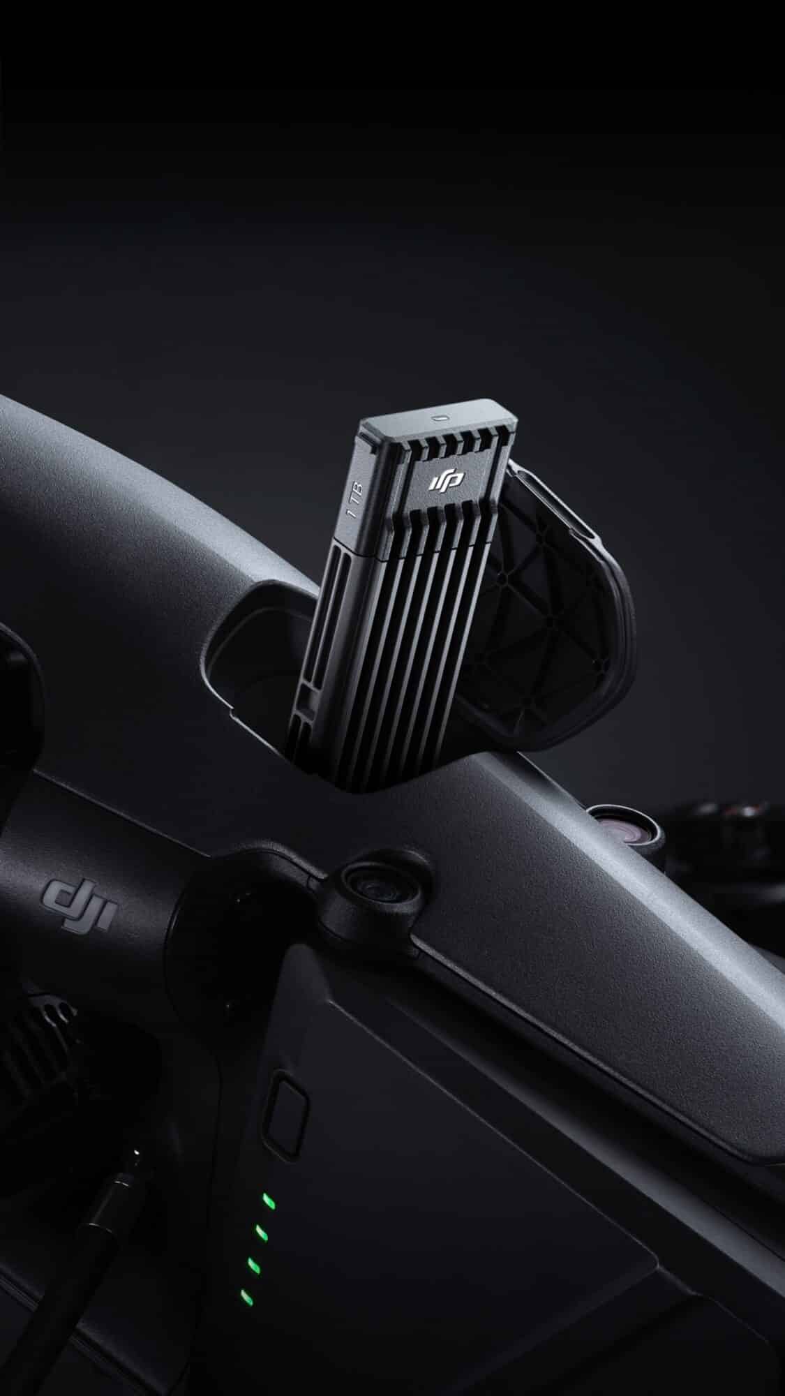 The DJI PROSSD 1TB seated in the Inspire 3's storage bay.