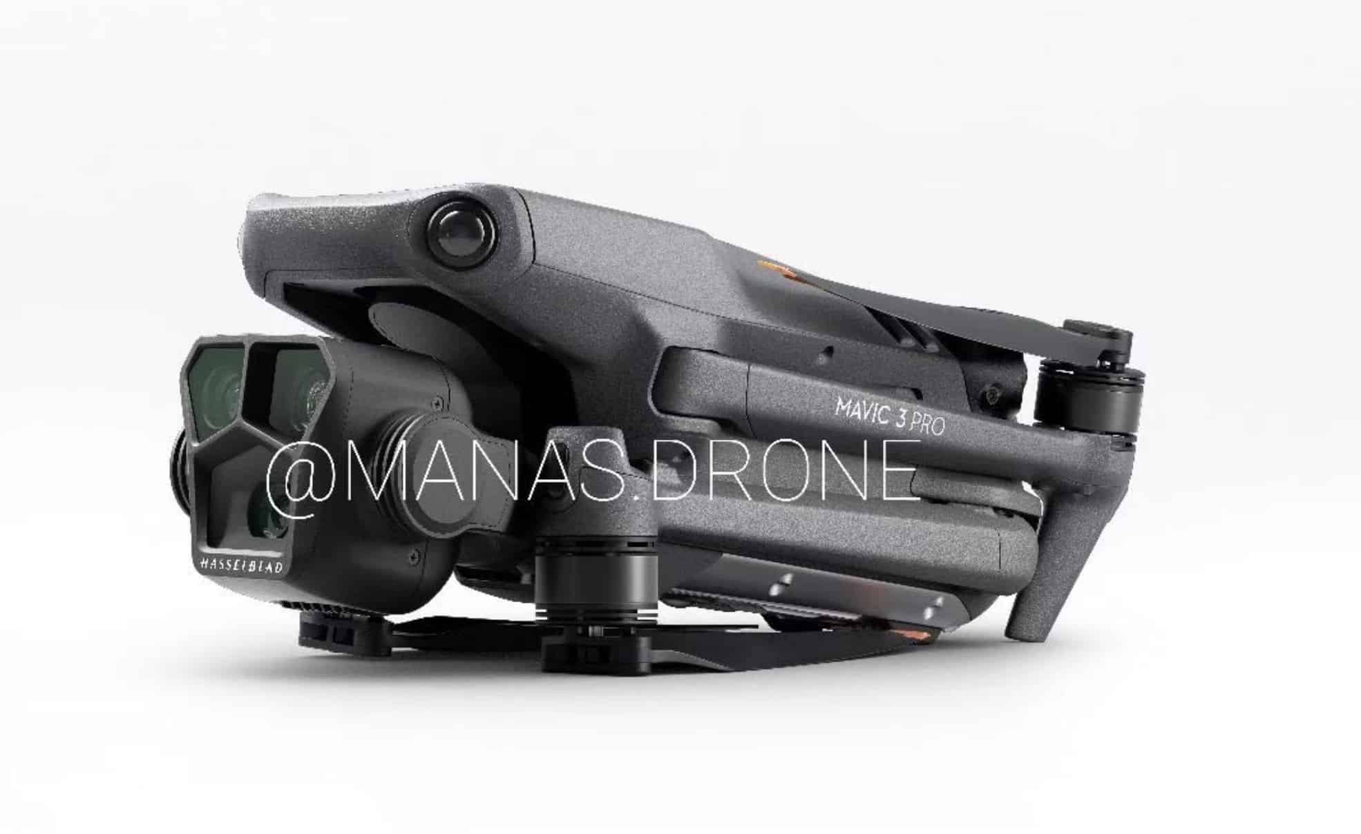 Leaked photo of a folded DJI Mavic 3 Pro showing its multi-lens Hasselblad camera cluster.