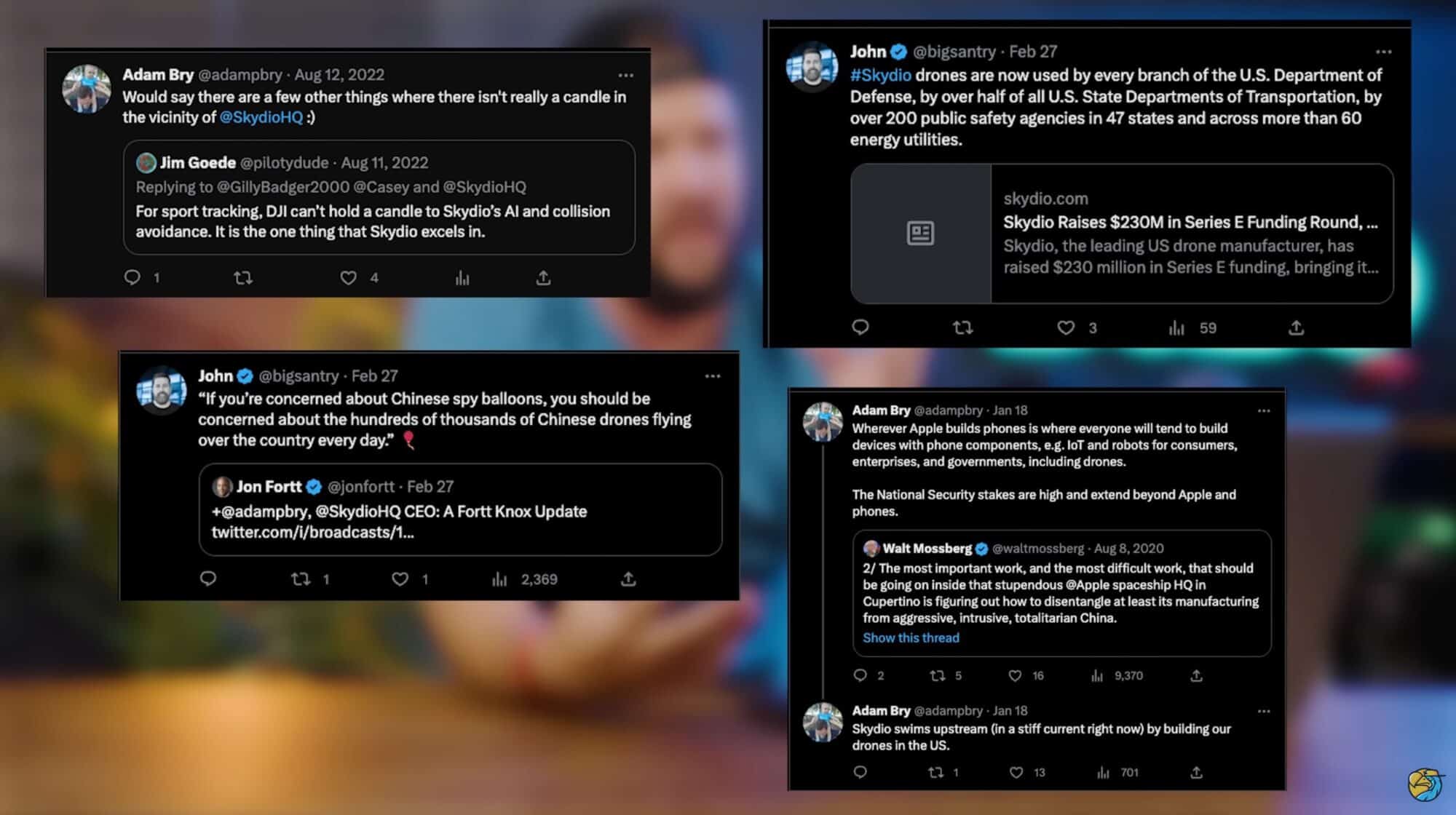 Collage of tweets debating Skydio funding and Chinese drone security claims.