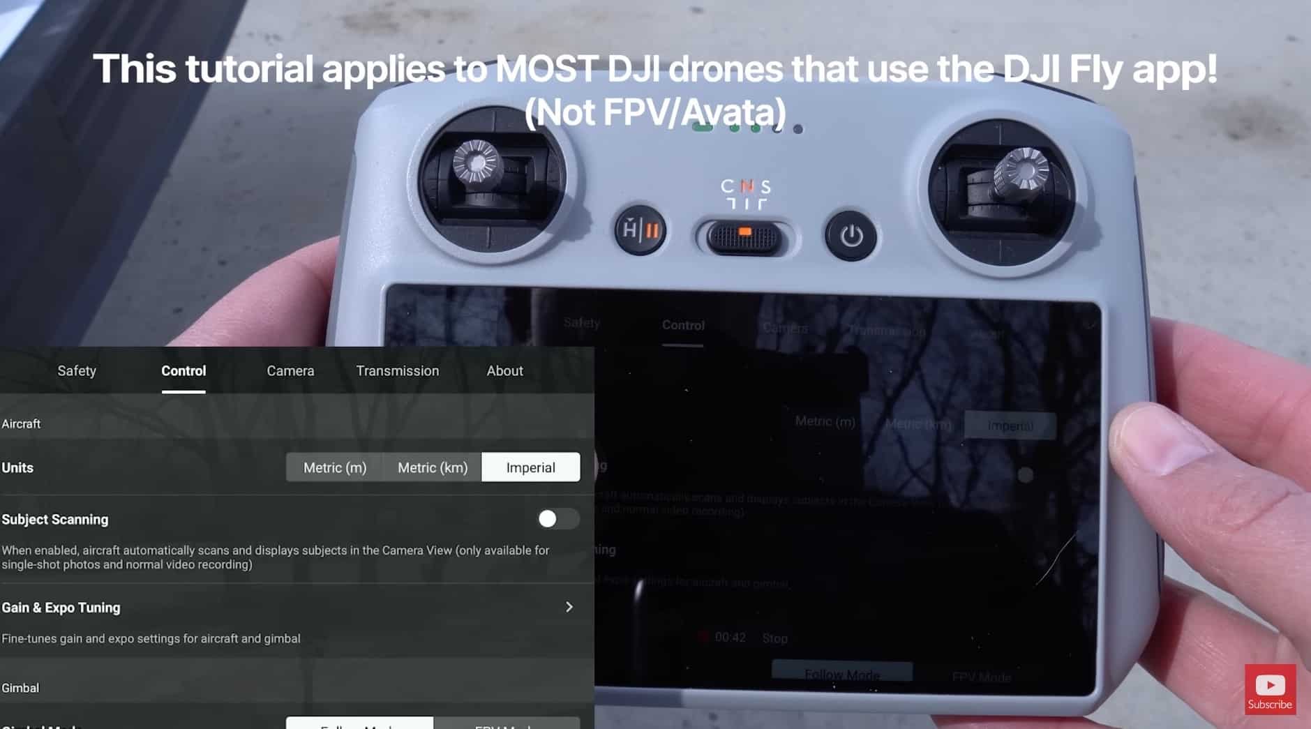 Gain and Expo Tuning menu in the DJI Fly app used to soften stick response.