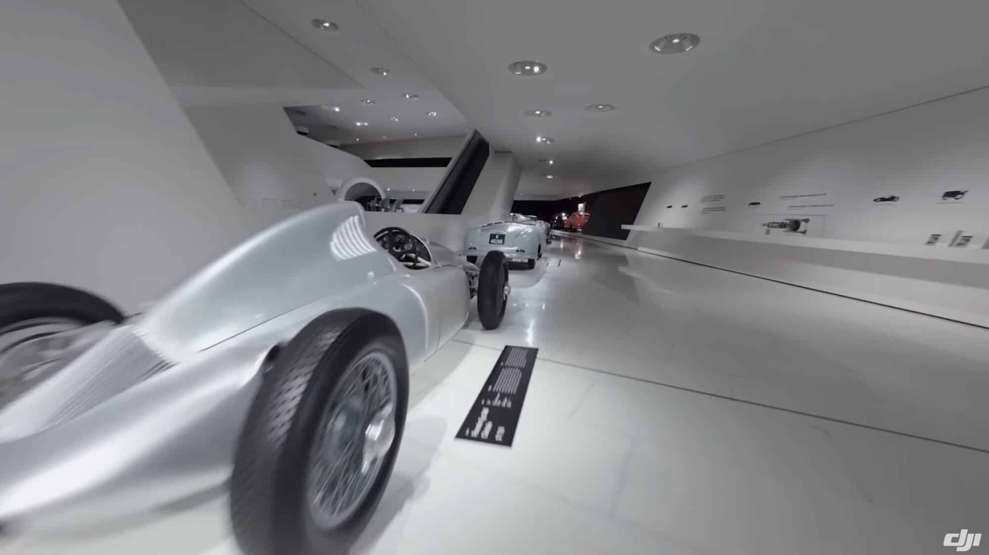 Frame from DJI's Porsche Museum video featuring the Avata FPV drone.