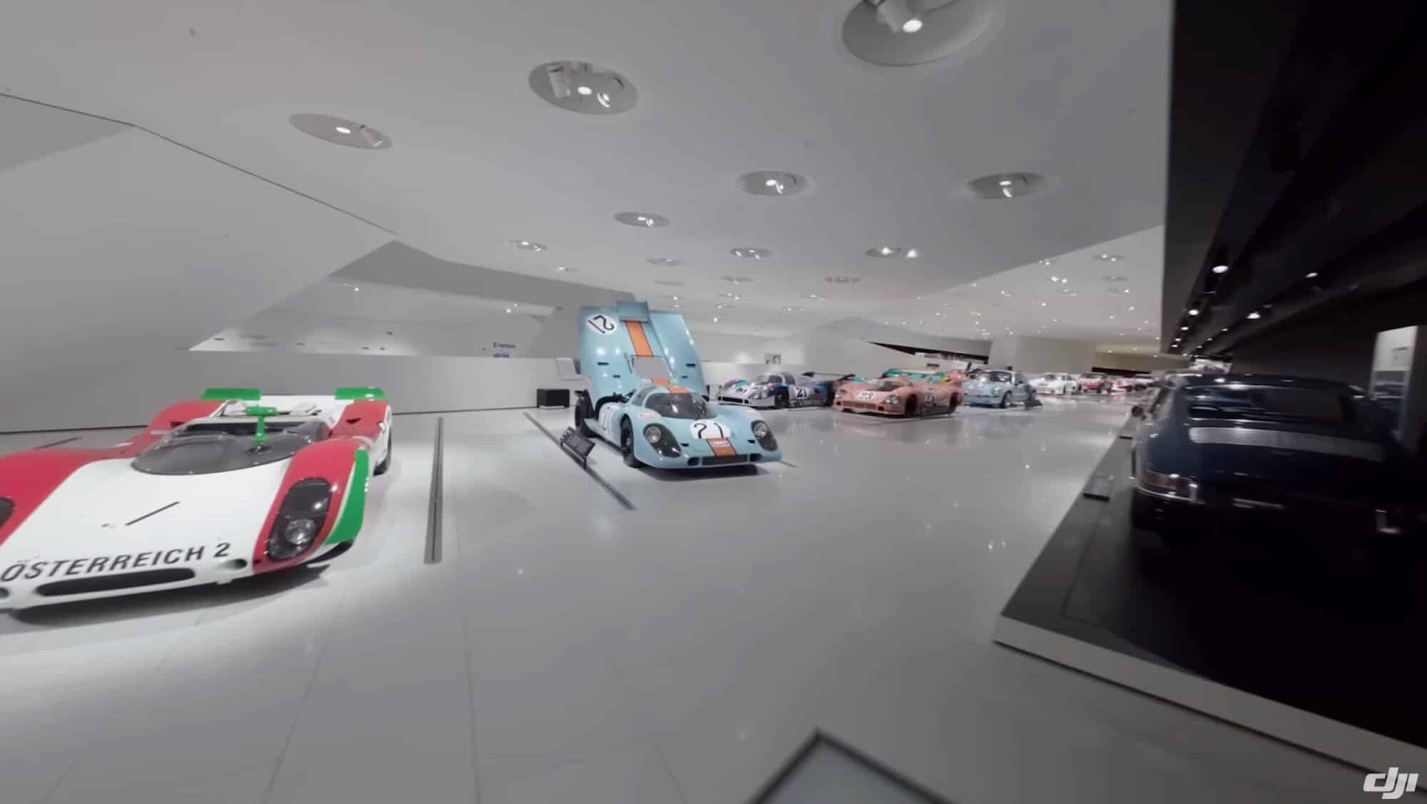The Porsche Museum interior as captured during the DJI Avata run.