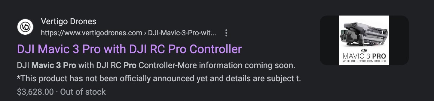 Search result showing a retailer listing the Mavic 3 Pro at $3,628.