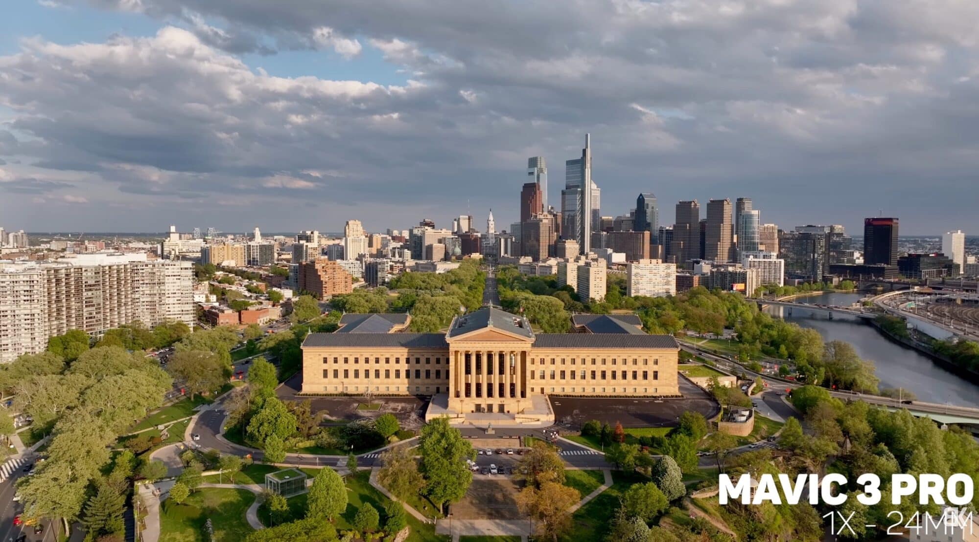 Reveal over the Philadelphia Museum of Art looking down the Ben Franklin Parkway.