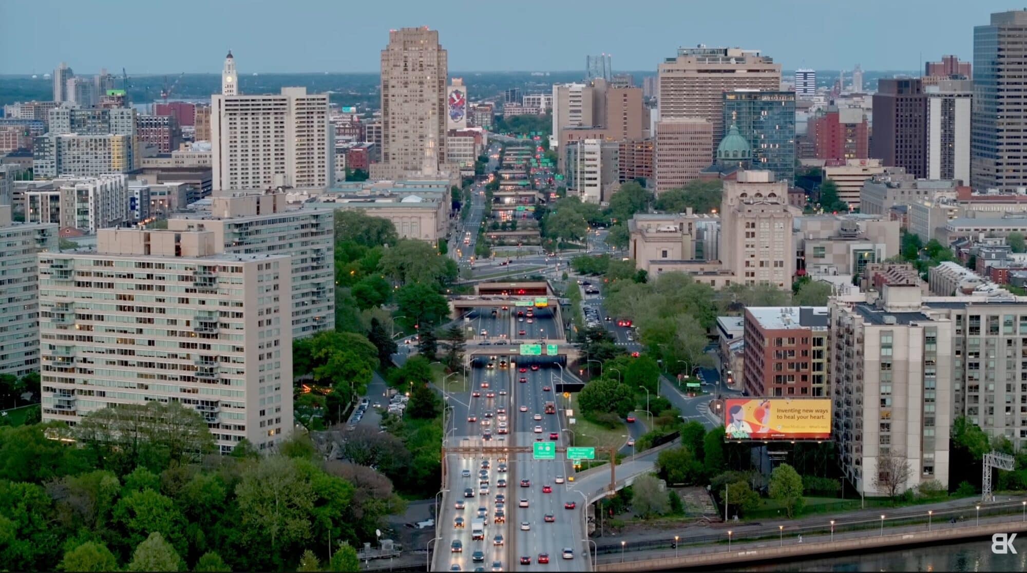 View straight down Interstate 676 with traffic compressed by the 3x lens.