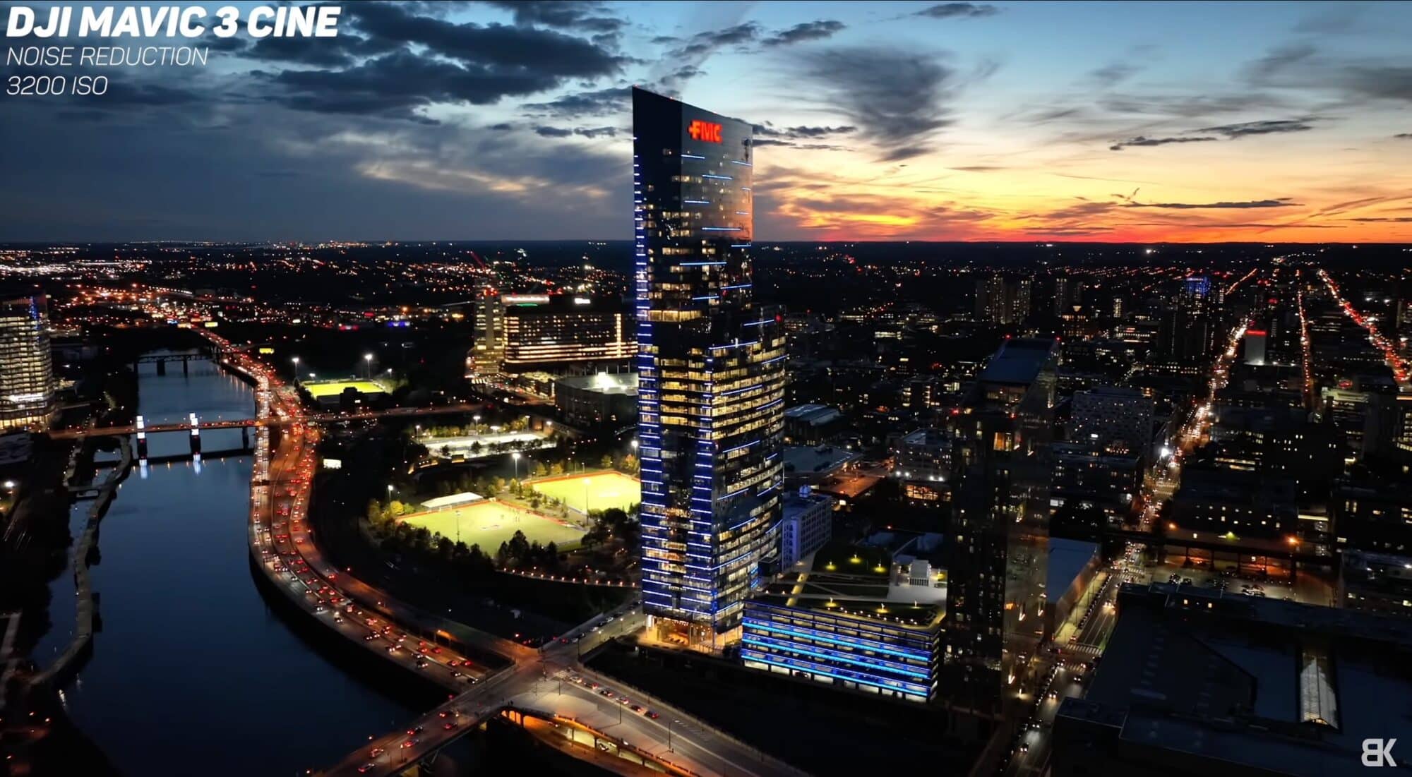 Low-light aerial frame from the Mavic 3 Pro's four-thirds main camera.