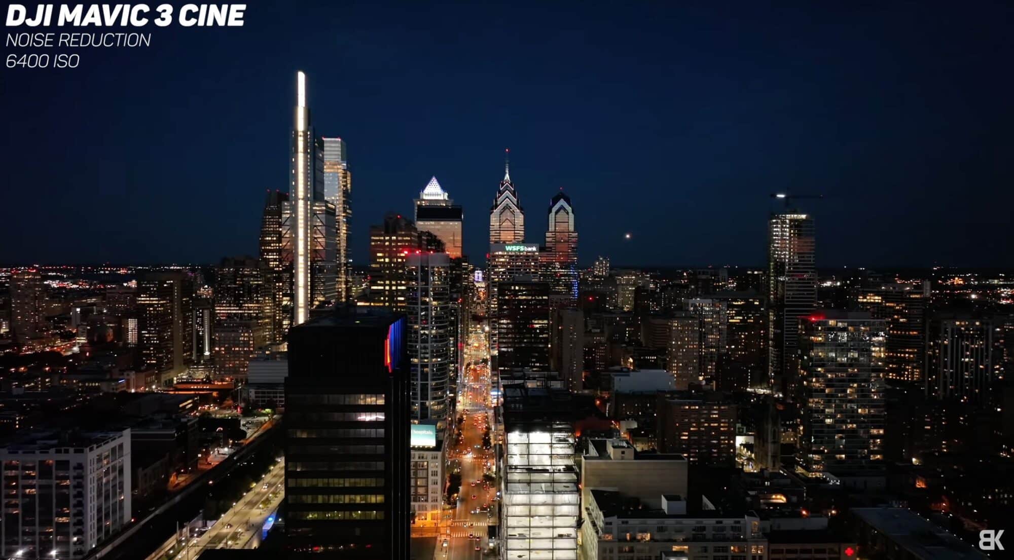 Low-light city video from the Mavic 3 Pro 3x camera at f/2.8.