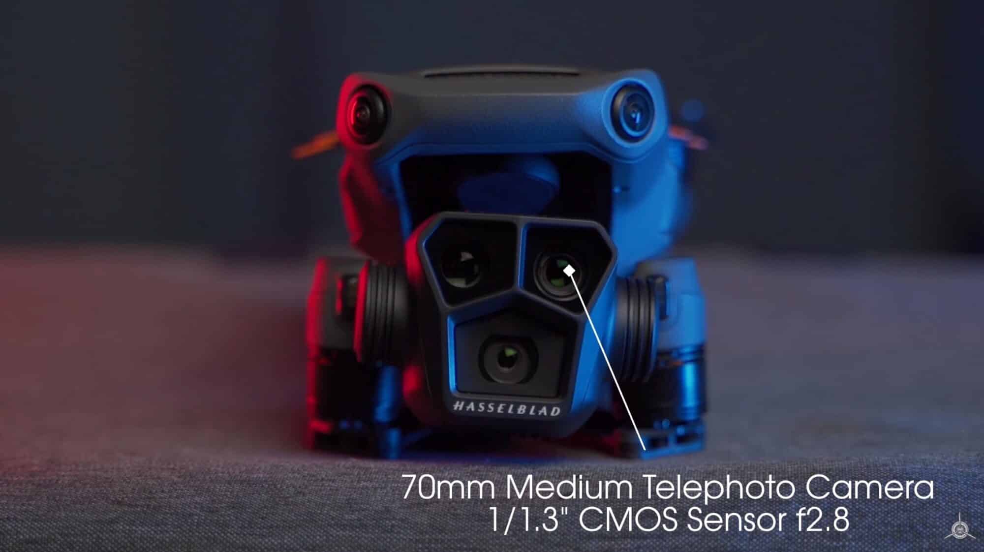 Close-up of the 70-millimeter medium telephoto lens in the upper right of the gimbal.