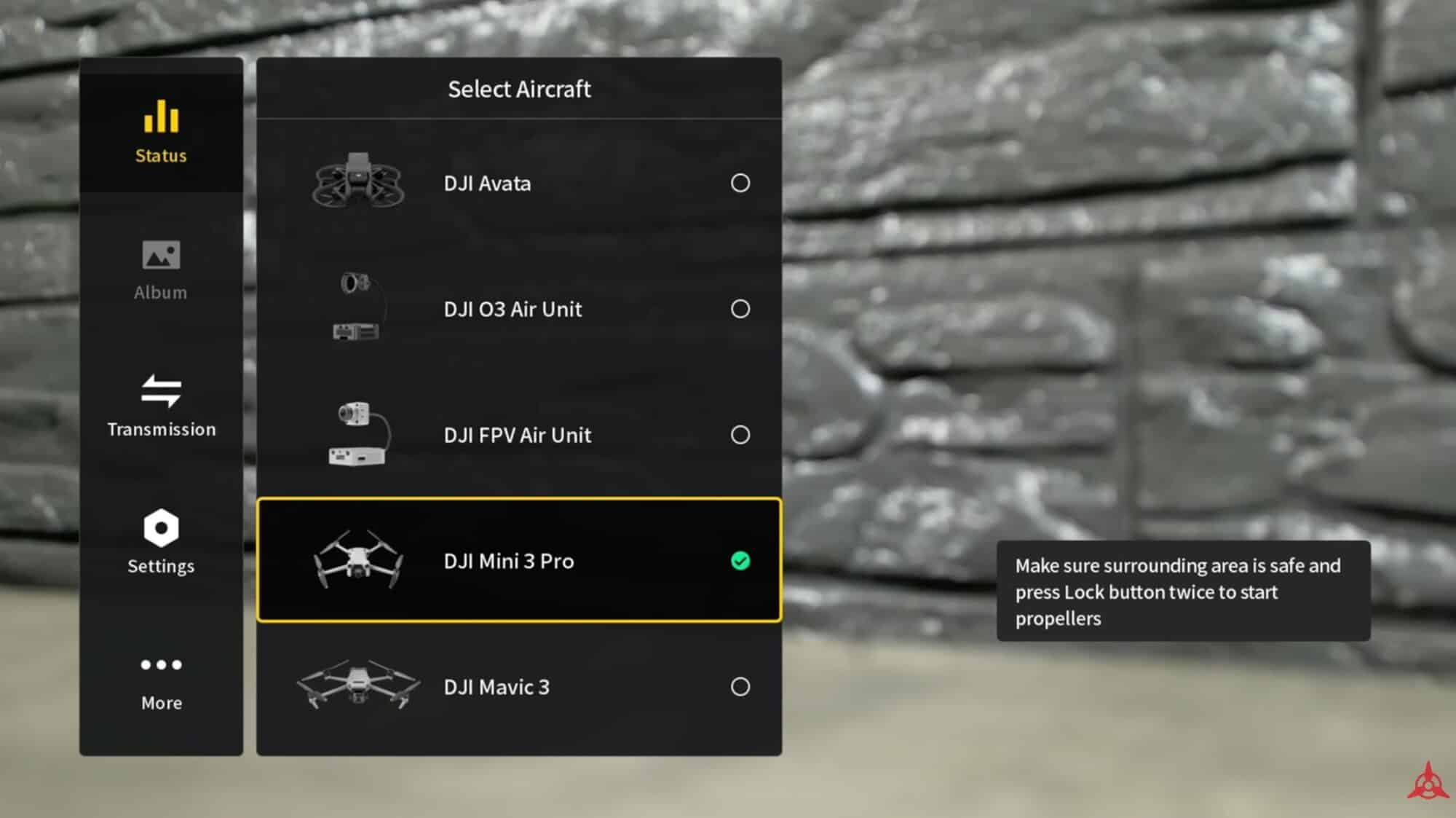 Goggles aircraft selection menu with DJI Mini 3 Pro highlighted in the list.