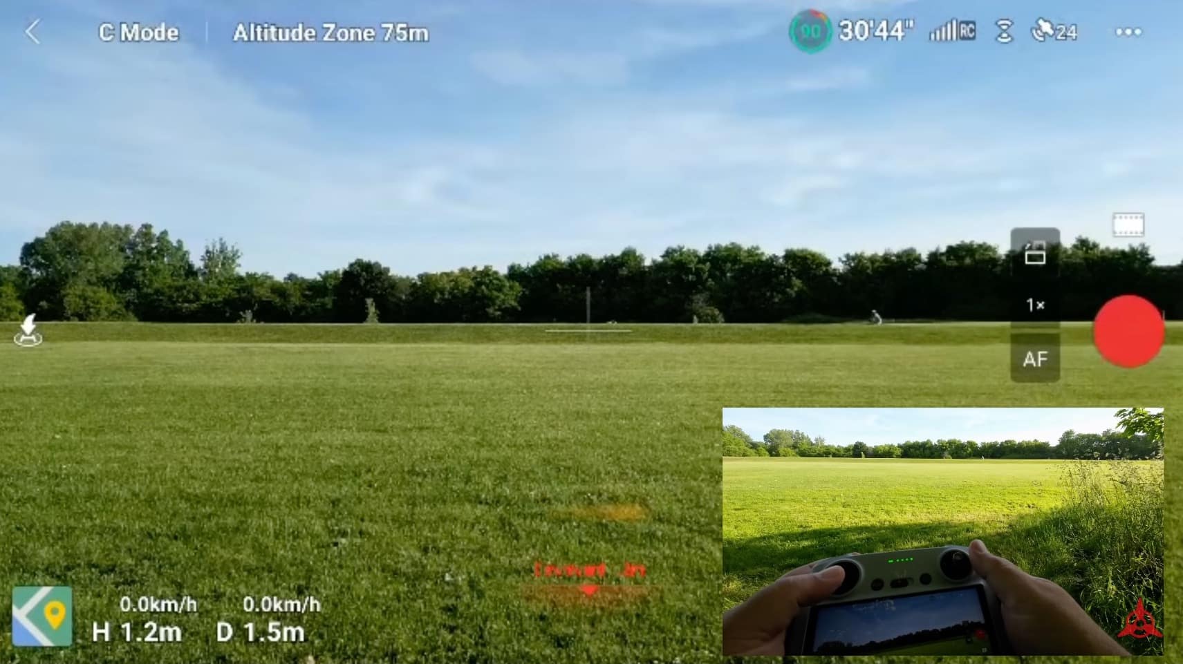 The Mini 3 Pro hovering in Cine mode for the first practice stick inputs.