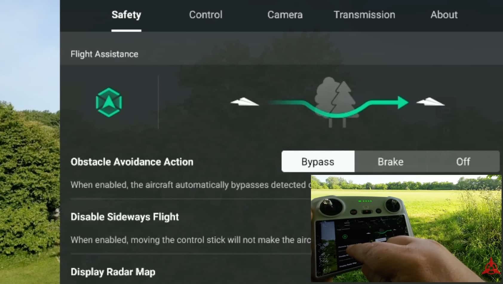 Safety menu with obstacle avoidance set to brake, bypass, or off.