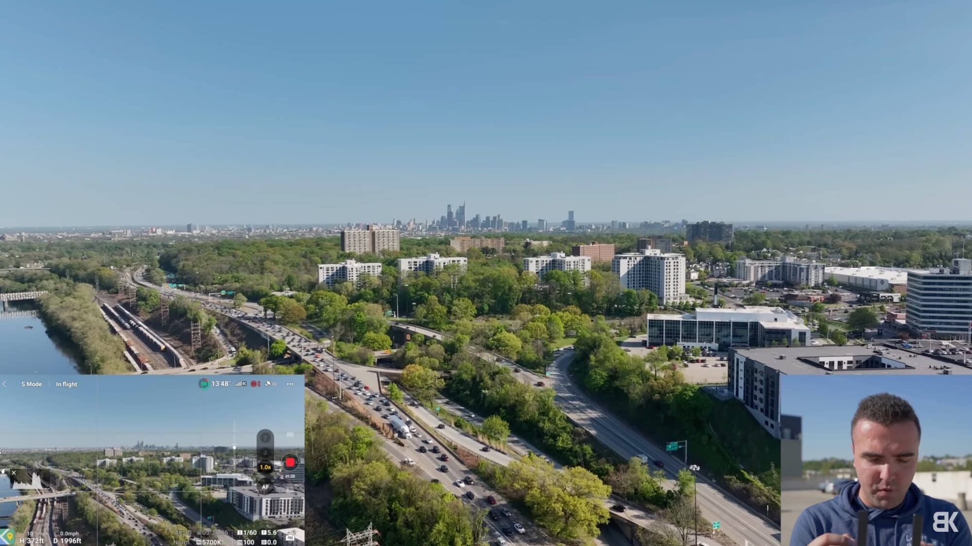 Wide establishing shot of the Philadelphia skyline from the Mavic 3 Pro main camera.