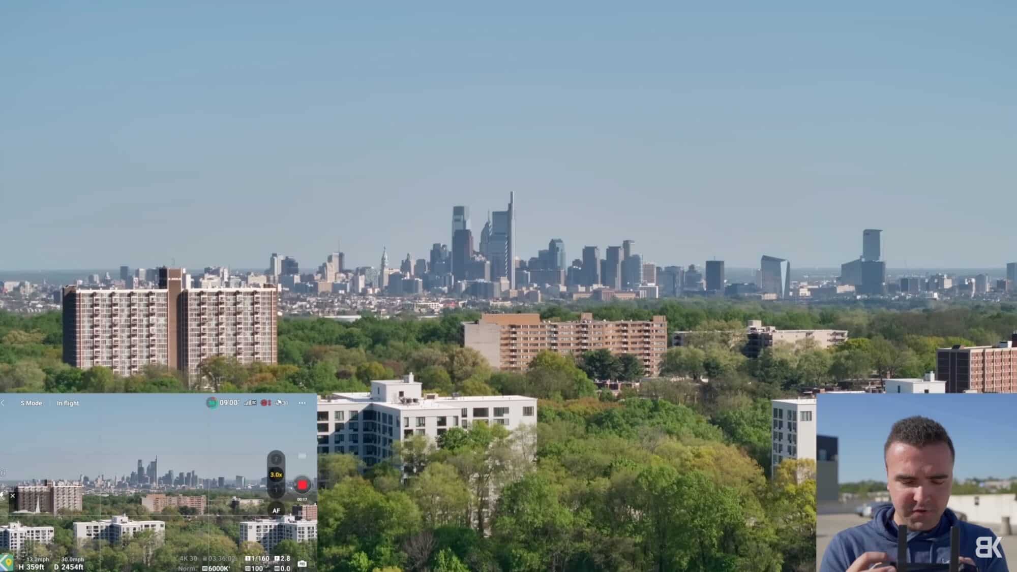 Reveal over West Philadelphia framed with the Mavic 3 Pro 3x medium telephoto camera.