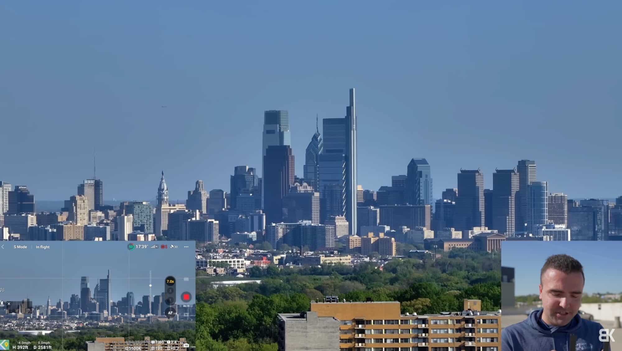 Philadelphia pulled into frame by the 7x tele camera at 400 feet (122 meters).
