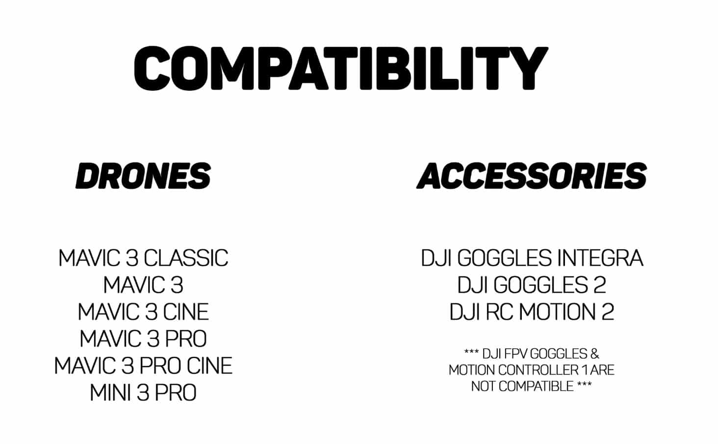 Compatibility graphic listing which DJI drones work with Goggles 2 and RC Motion 2.