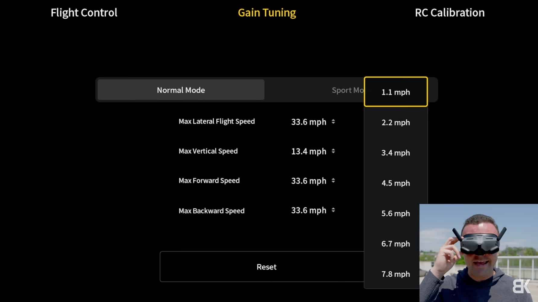 DJI Goggles menu open on gain tuning, where lateral speed starts at 1 mile per hour.