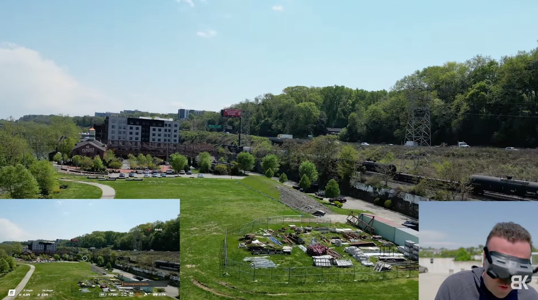 DJI Mini 3 Pro banking past the camera during the FPV gimbal mode flight.