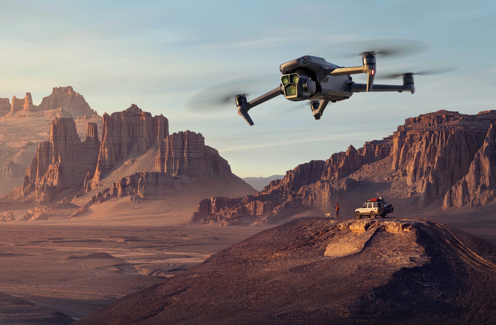Official DJI key visual for the Mavic 3 Pro camera drone launch.