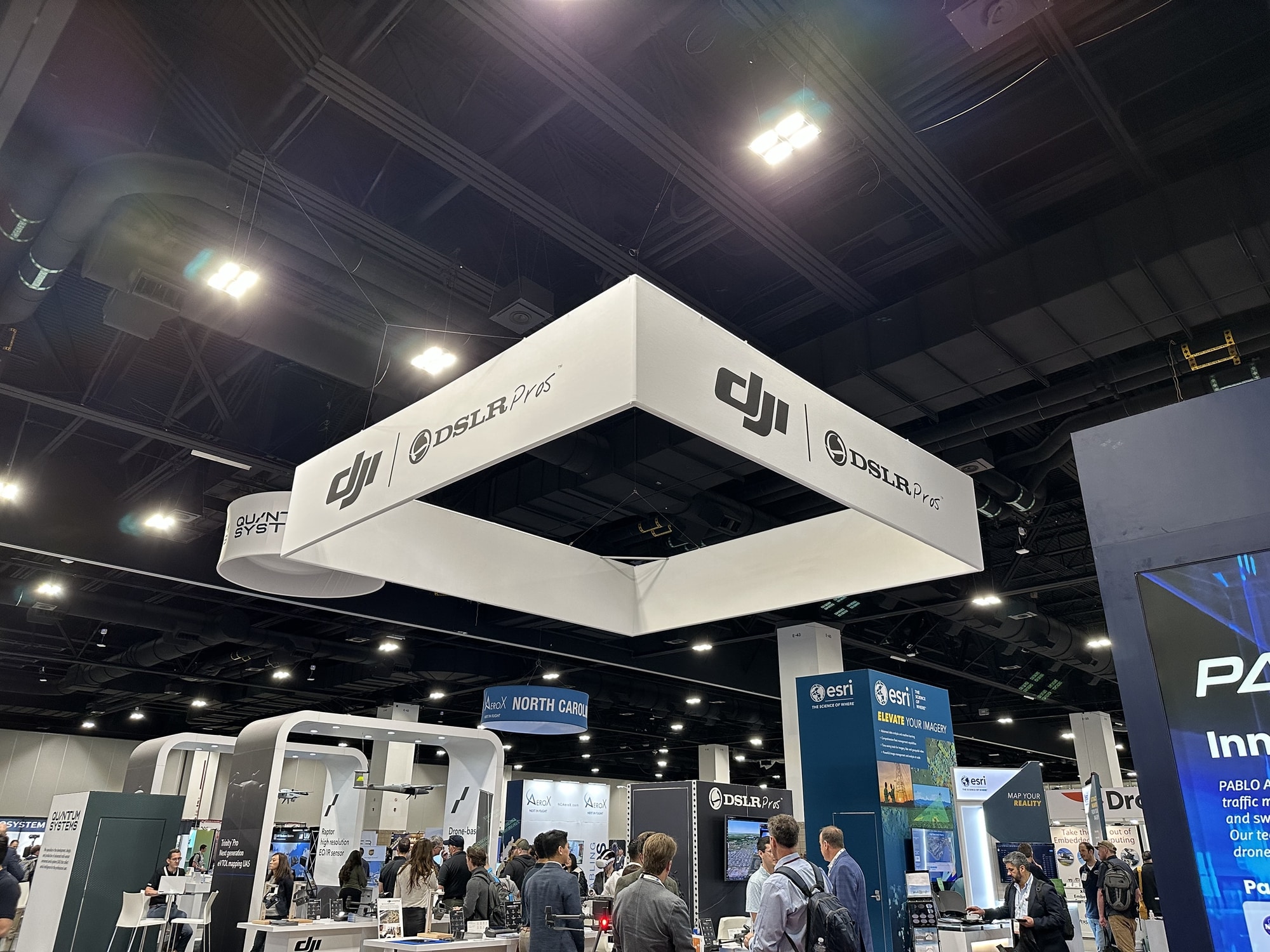 Exhibitor stands at the XPonential 2023 drone trade show.