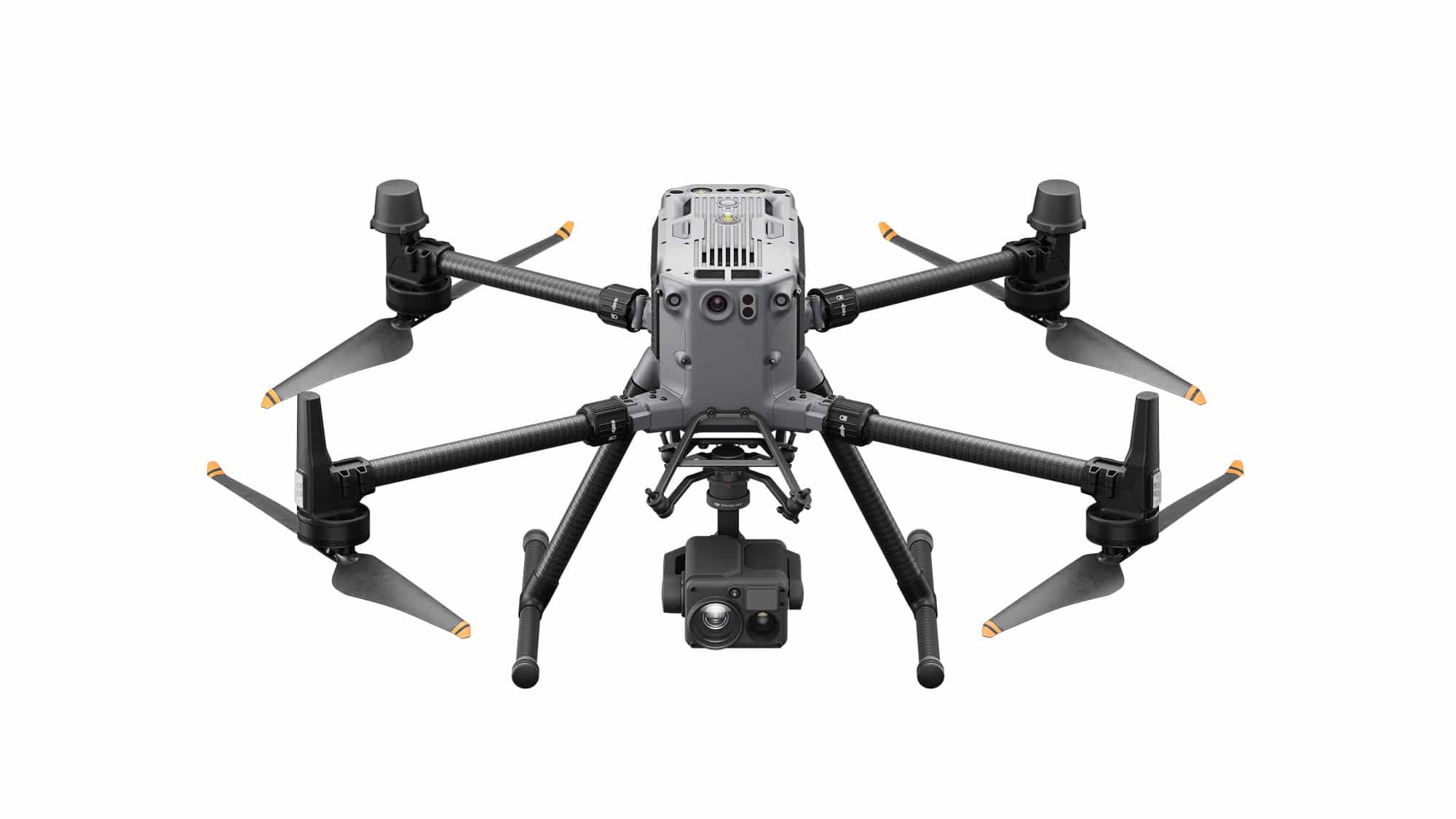 Head-on view of the DJI Matrice 350 RTK carrying the thermal Zenmuse H20T.