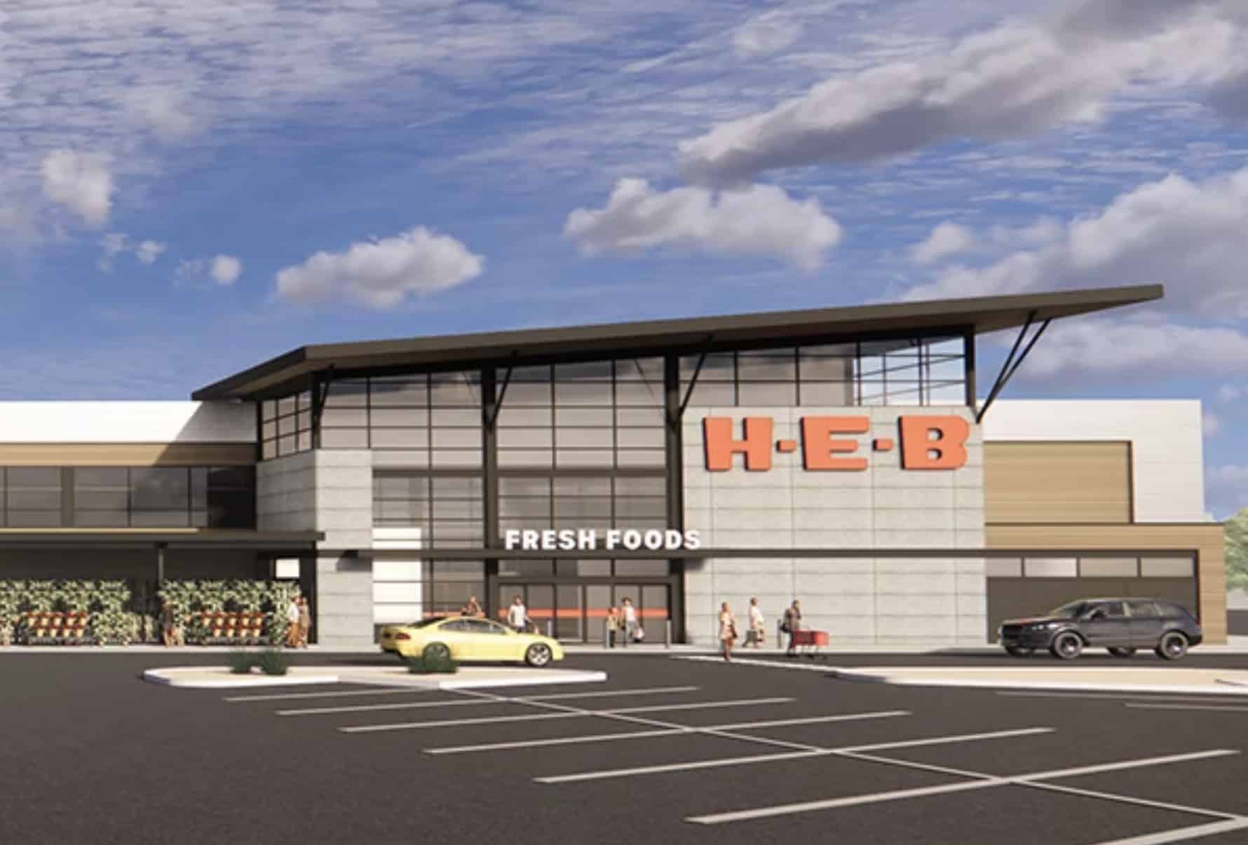 Architectural rendering of an H-E-B grocery store and its parking lot.