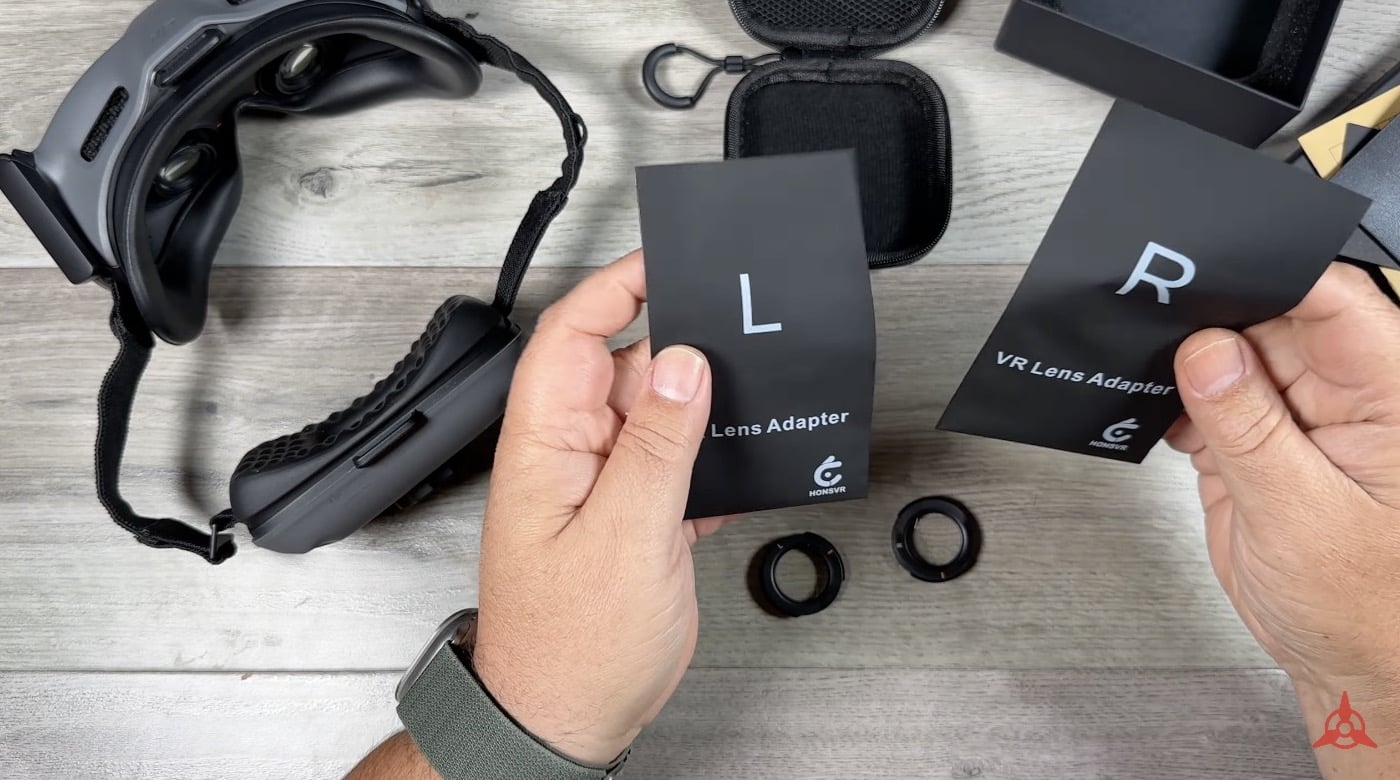 HonsVR custom lenses labeled left and right inside their case.