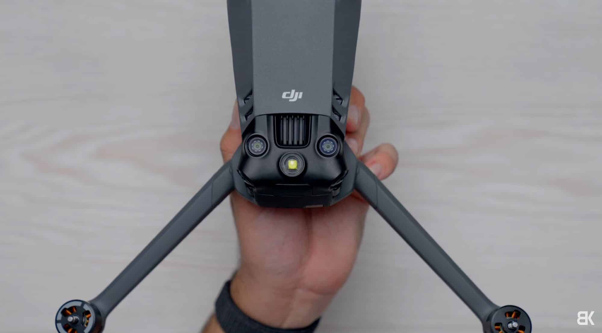 The Mavic 3 Enterprise airframe with its top mounting point and LED strobe.