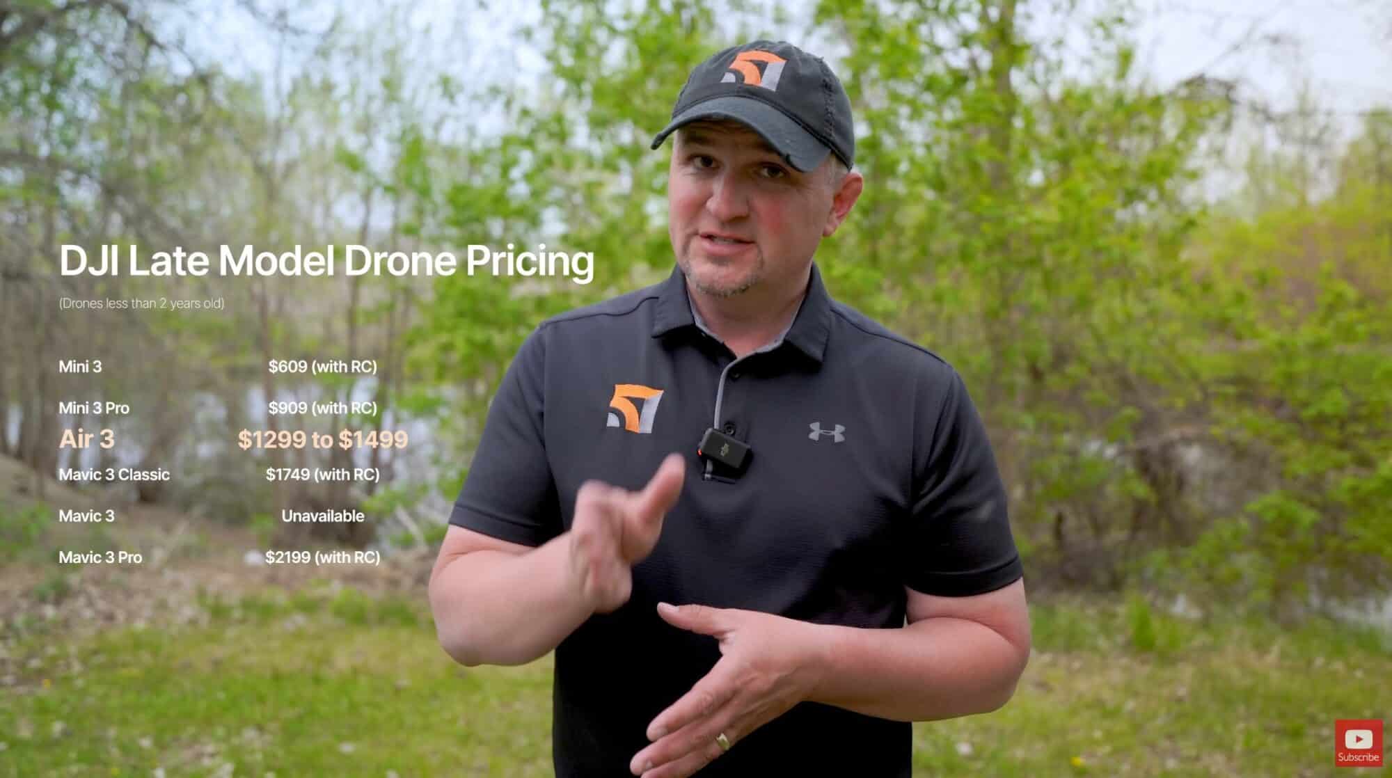 Screenshot of a video presenter beside a table of late-model DJI drone prices.