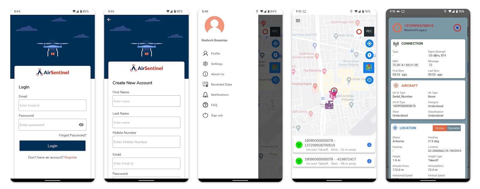 Screenshot of the Airsentinel.ai Android app tracking nearby drones in real time.