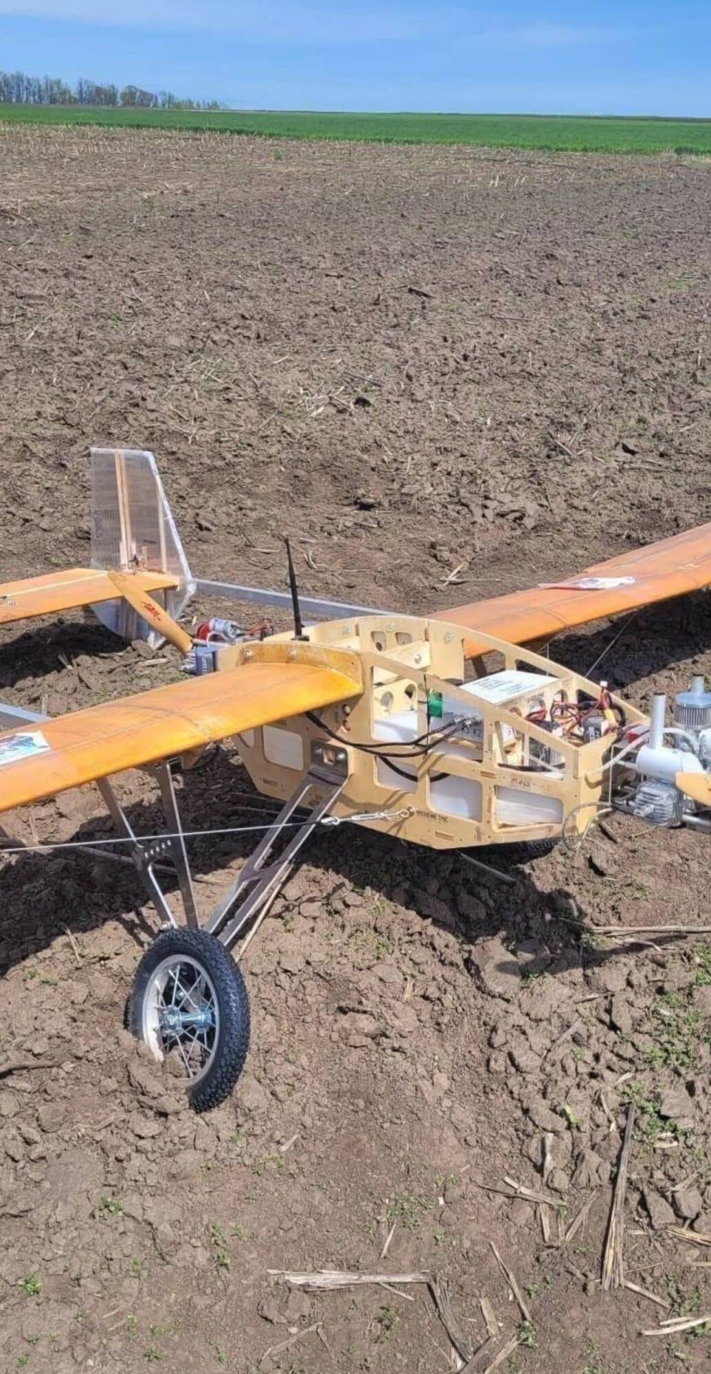 Russian wooden decoy drone built from plywood, polystyrene foam and masking tape.