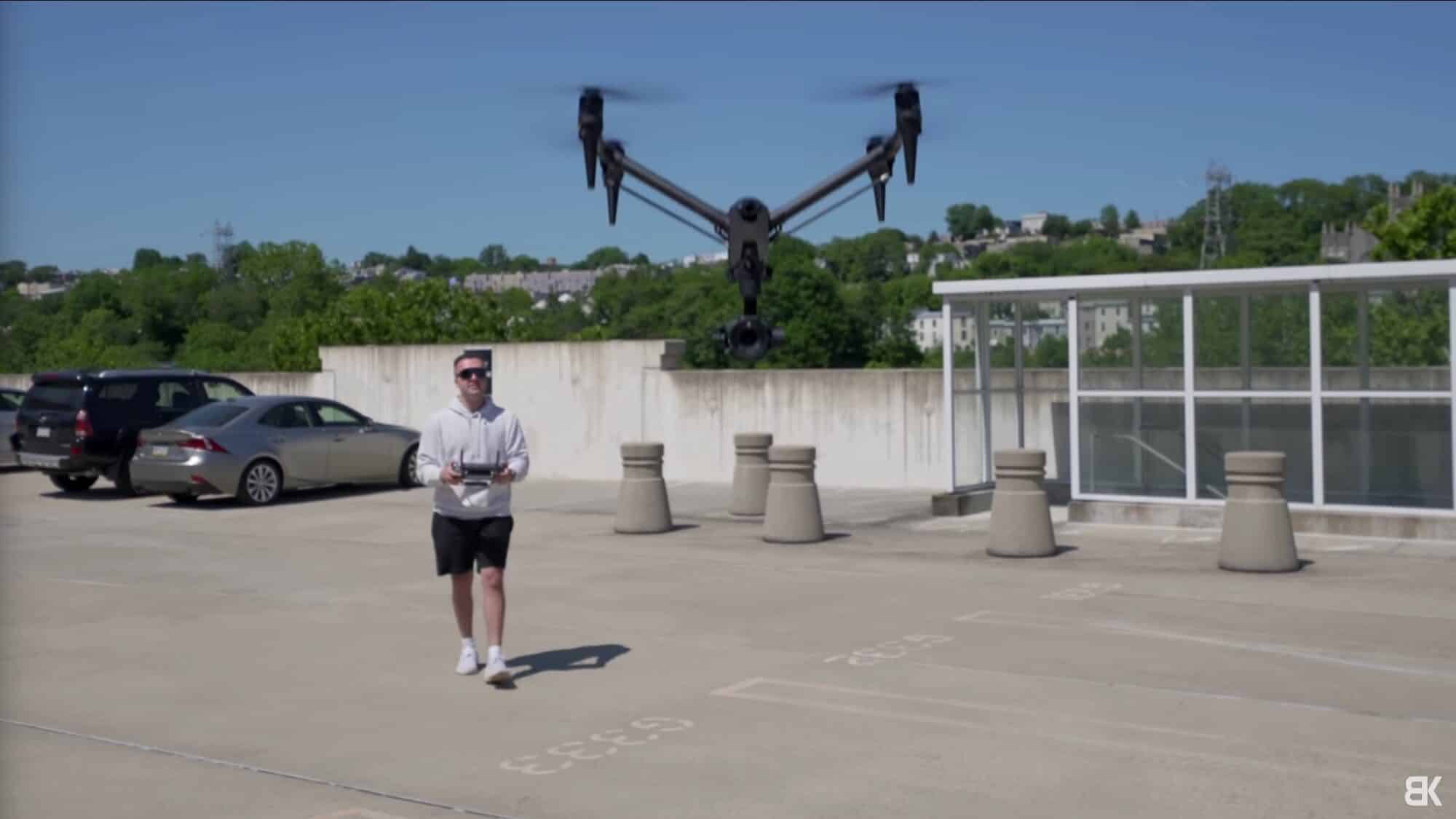Inspire 3 set up on location with the X9 camera and propellers fitted.