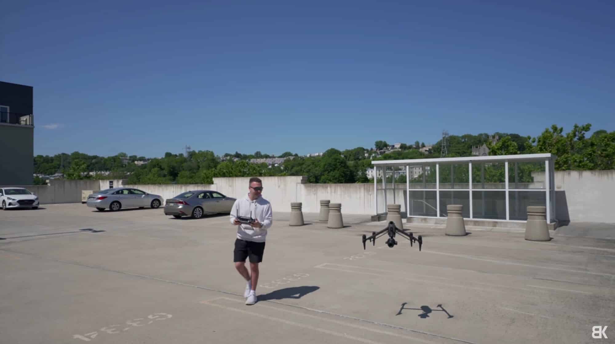 The DJI Inspire 3 back on the ground after its first flight in Philadelphia.