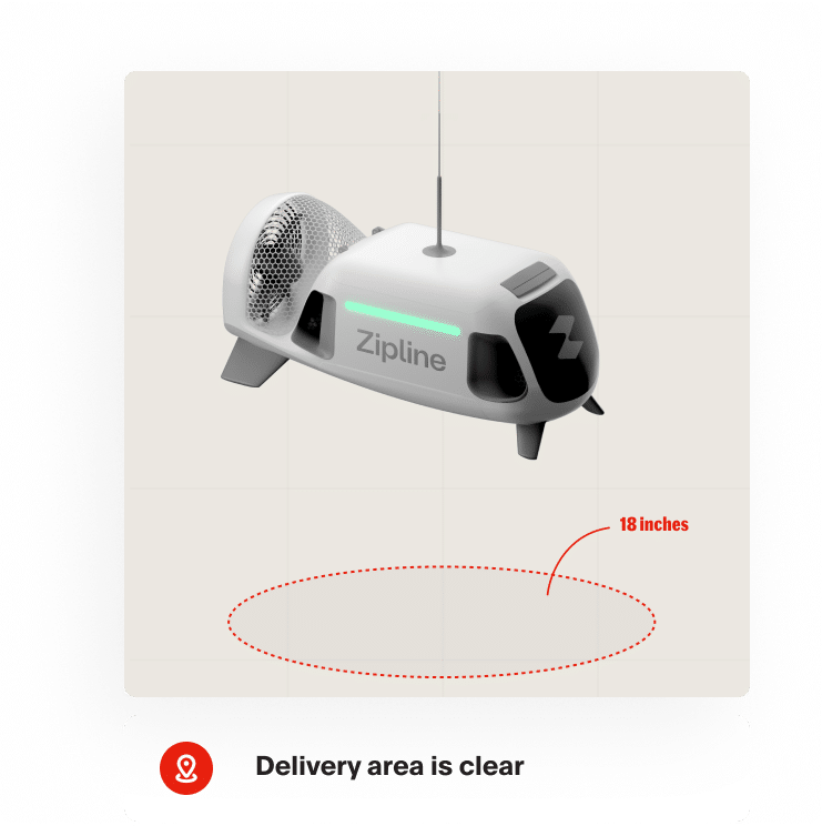 App graphic showing the Zipline droid descending over an 18-inch (46 cm) target.