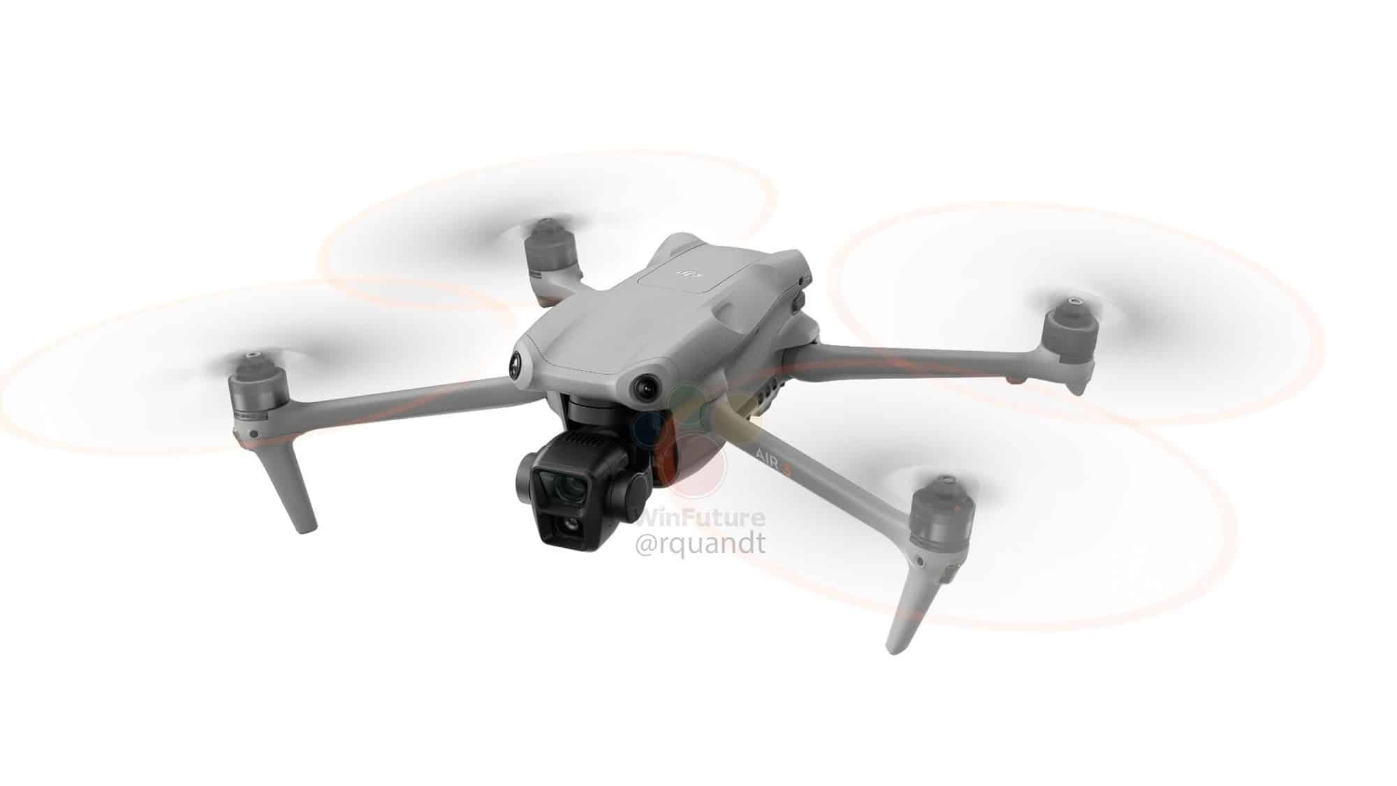 Leaked studio photo of the DJI Air 3 hovering with propellers spinning.