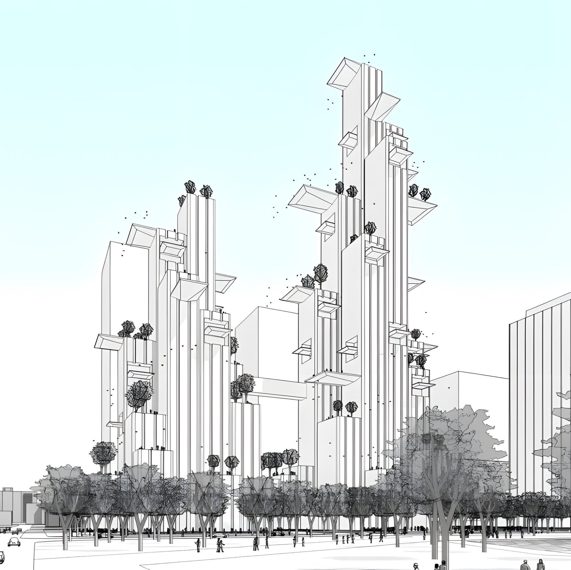 Early architectural study for DJI's headquarters, close to the final Sky City plan.