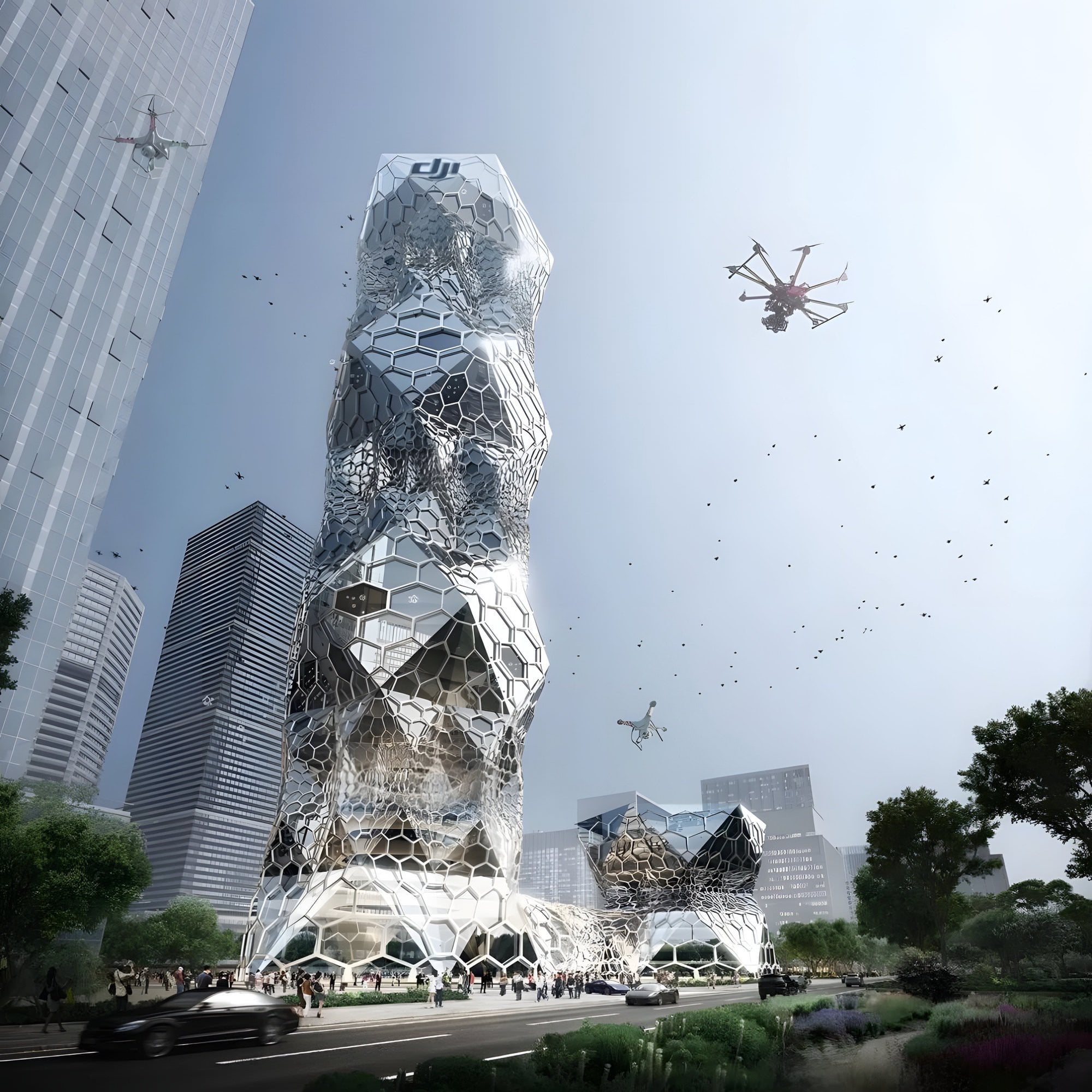 Concept drawing of the DJI headquarters towers shared on Twitter by Quadro_News.