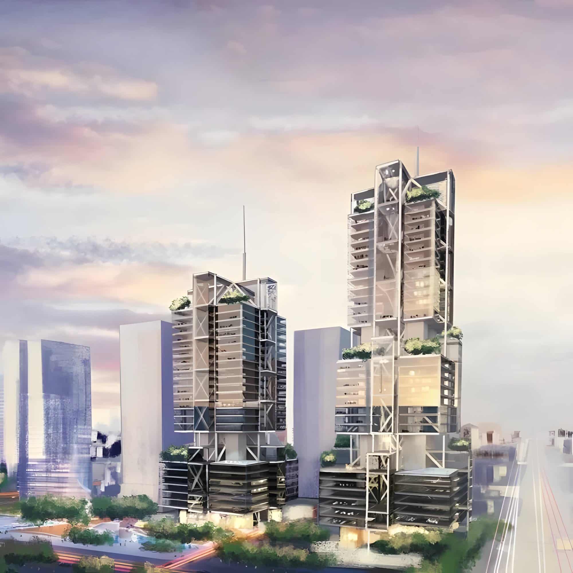 Second of four illustrations showing early designs for DJI's Shenzhen headquarters.
