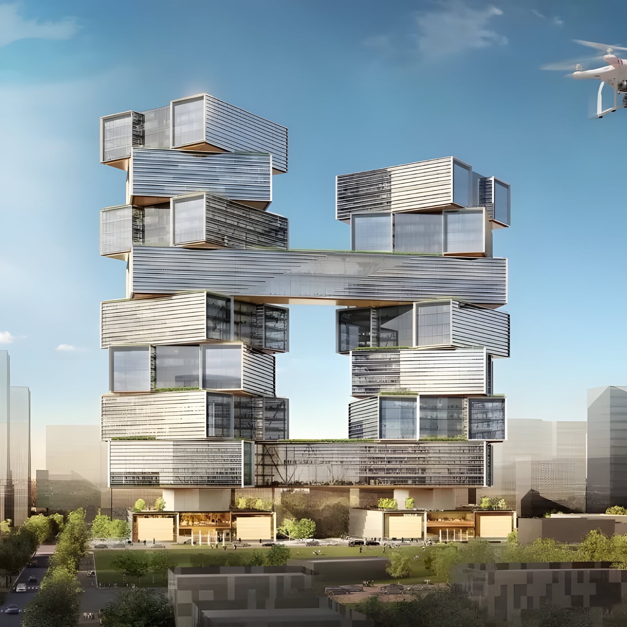 Hand-drawn concept sketch of DJI's new Sky City headquarters in Shenzhen.