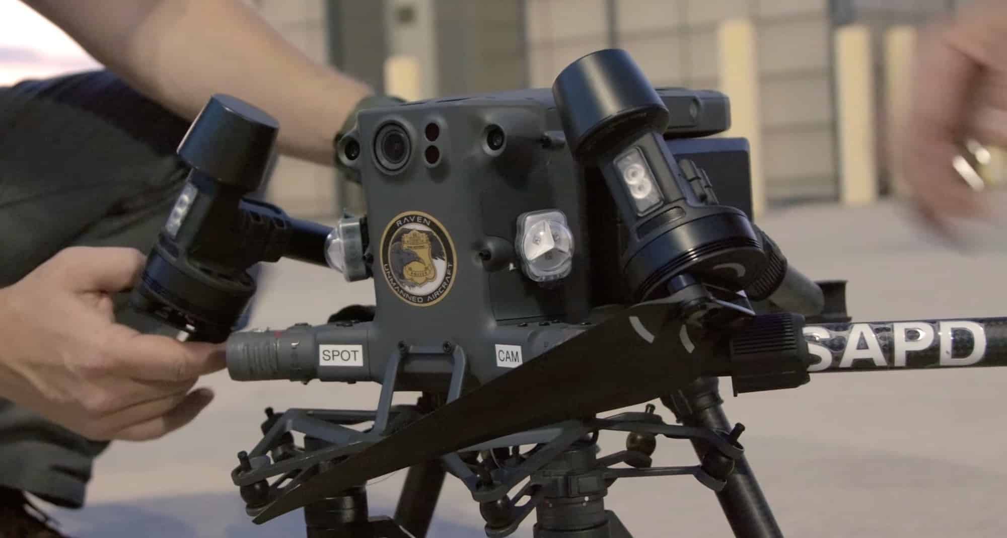 Police drone in flight over San Antonio during a RAVEN program operation.
