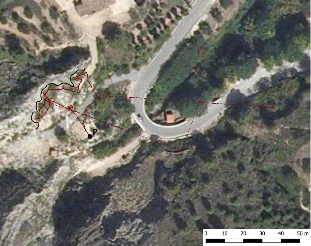 GPS points (track) taken by the drone during the inspection flight of the Salt de Penàguila's Shelter VIII and processed using Qgis 3.16. Hannover. Take-off point (P).