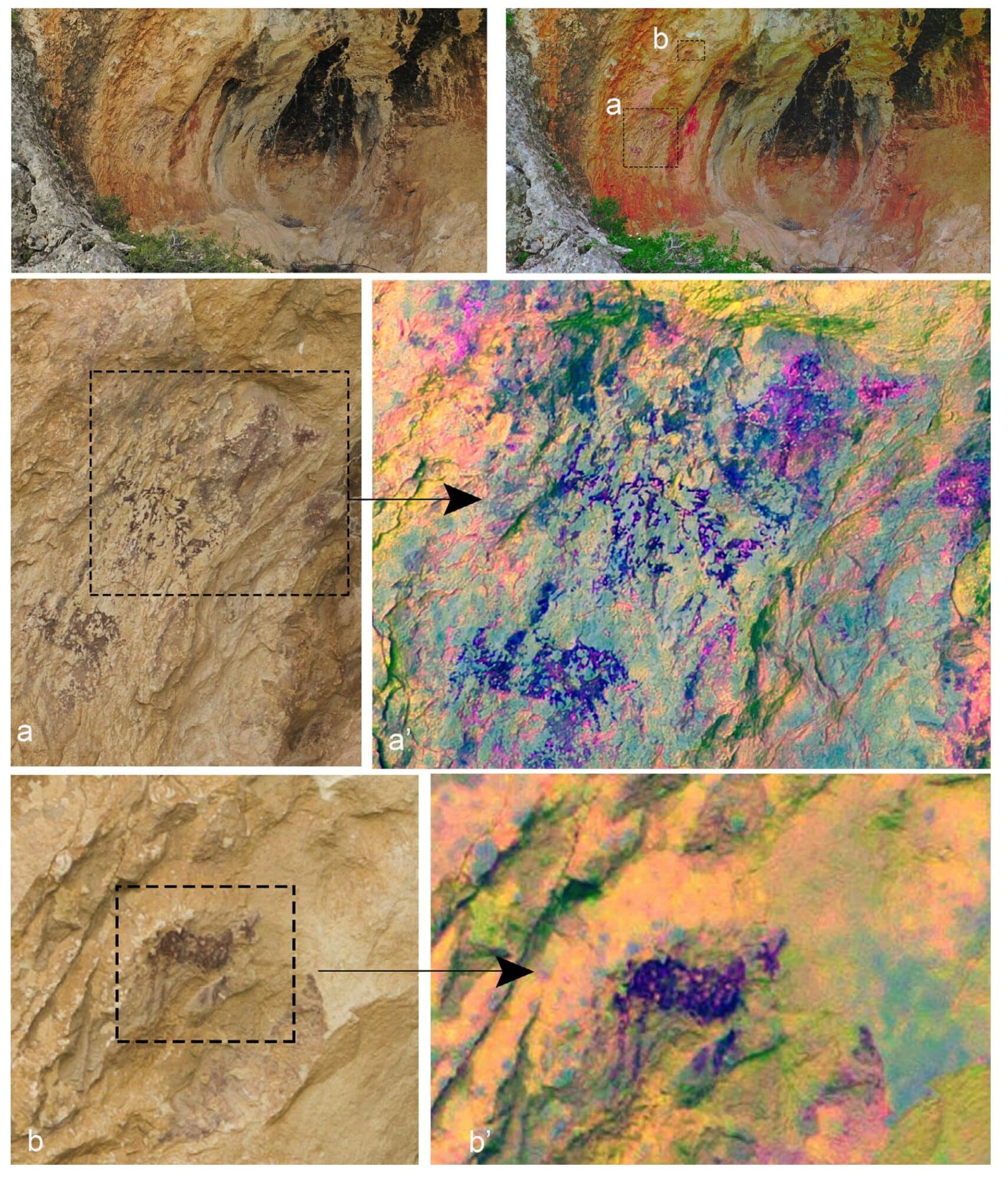 Drone photographs of Levantine rock art at Shelter VIII of Salt de Penàguila, Alicante.