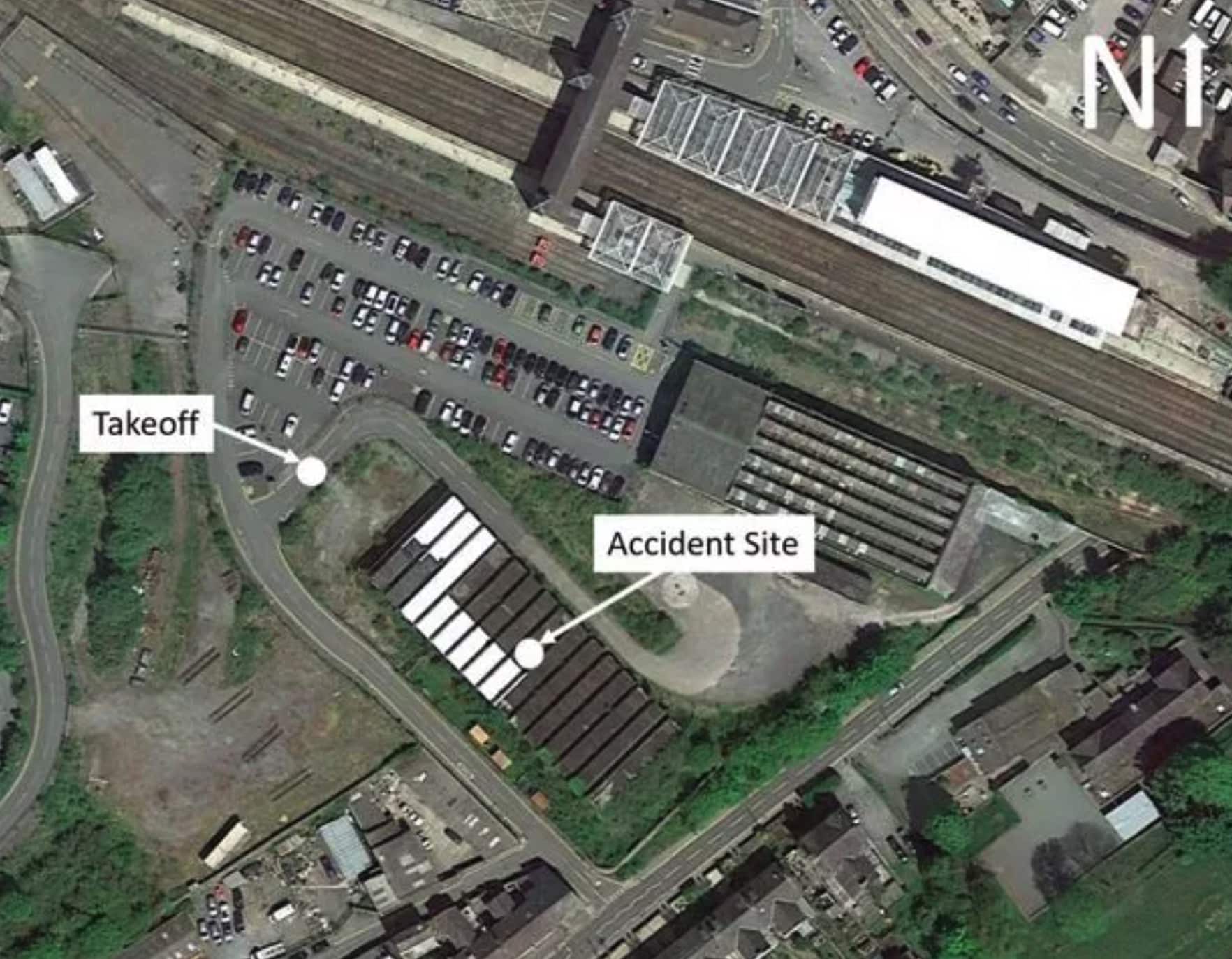 Satellite map labelling the takeoff point and the crash site near the station.