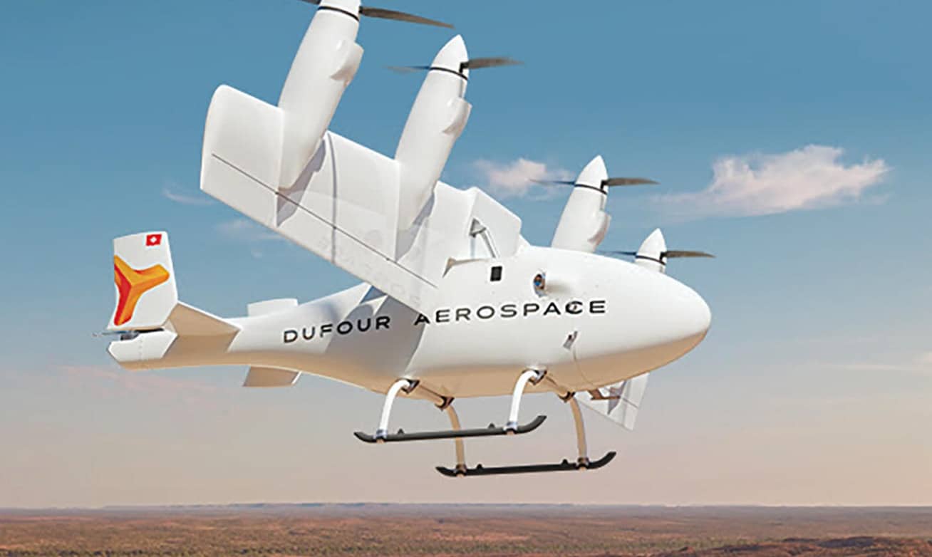 Render of the Dufour Aerospace Aero 2 tilt-wing cargo drone in flight.
