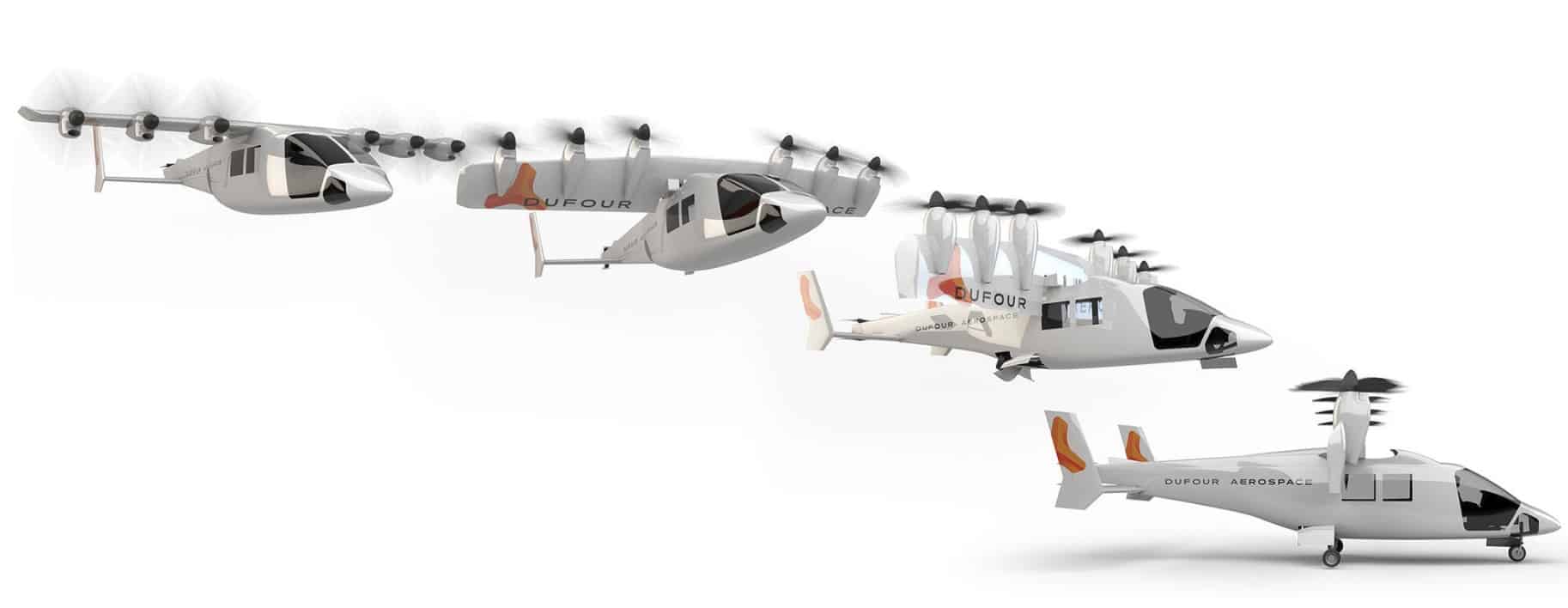 Sequence render showing the Aero 2 tilting its wing from hover into forward flight.